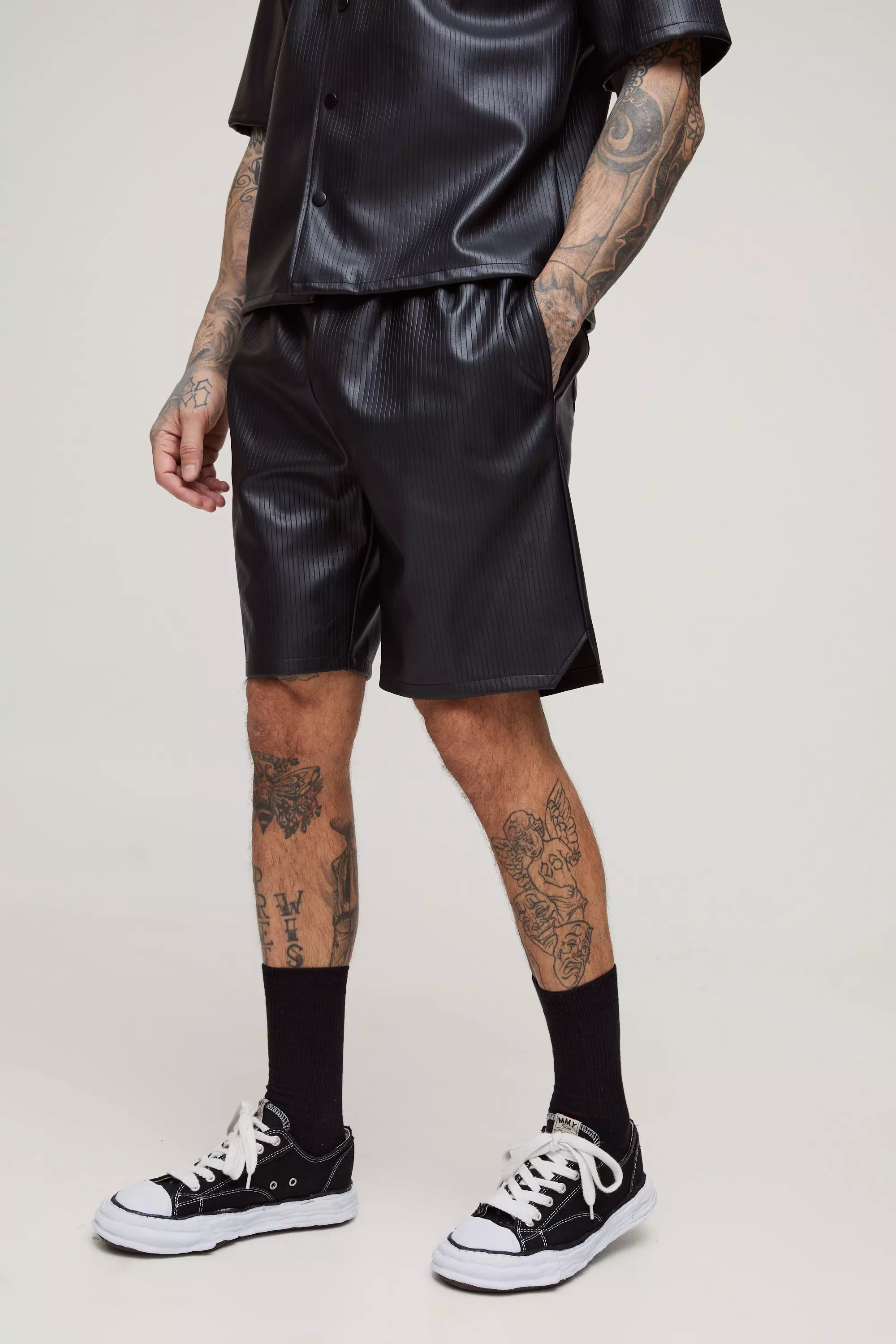 Black Tall Pleated PU Basketball Shorts alternative image