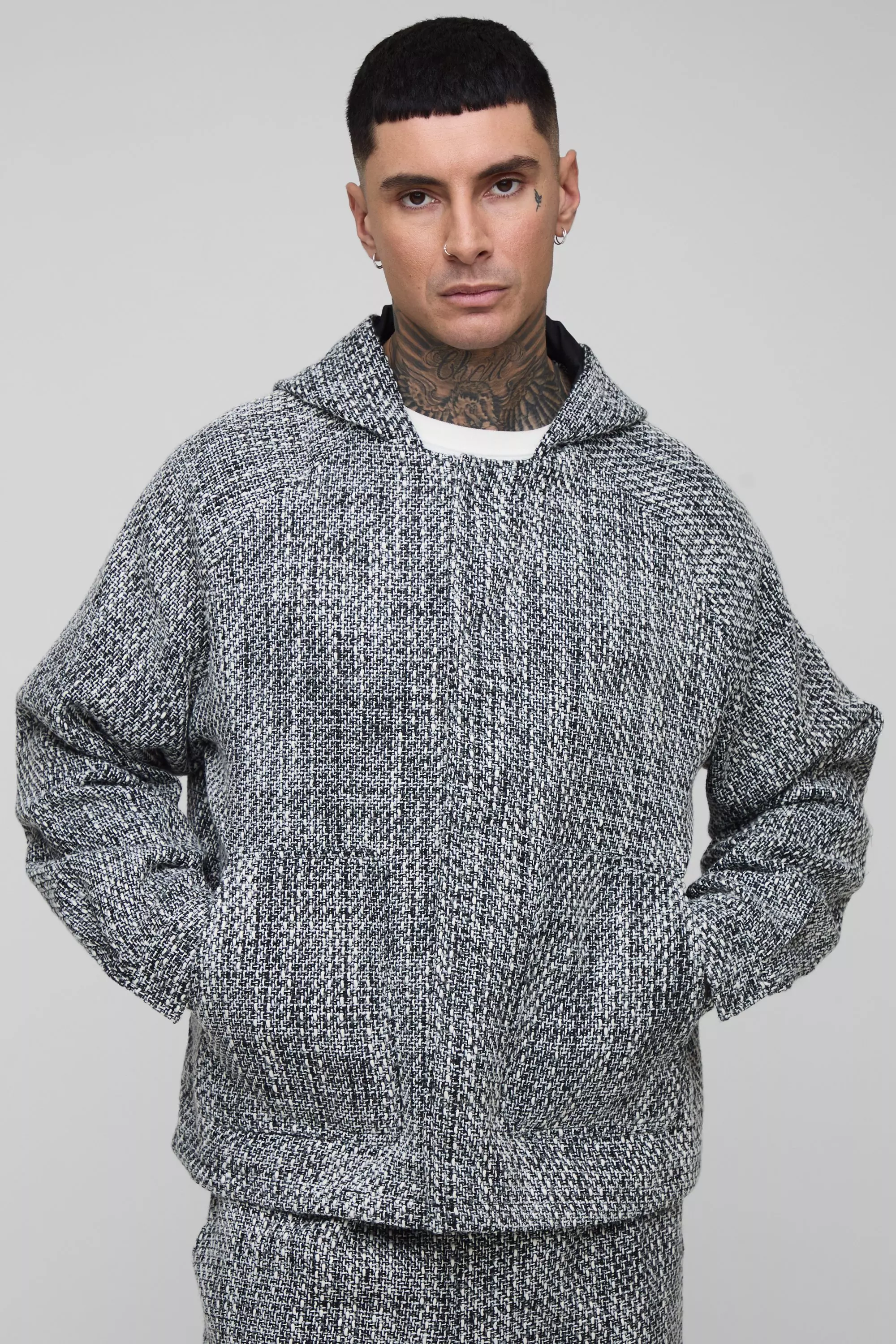 Black Tall Oversized Boucle Zip Up Hooded Jacket alternative image
