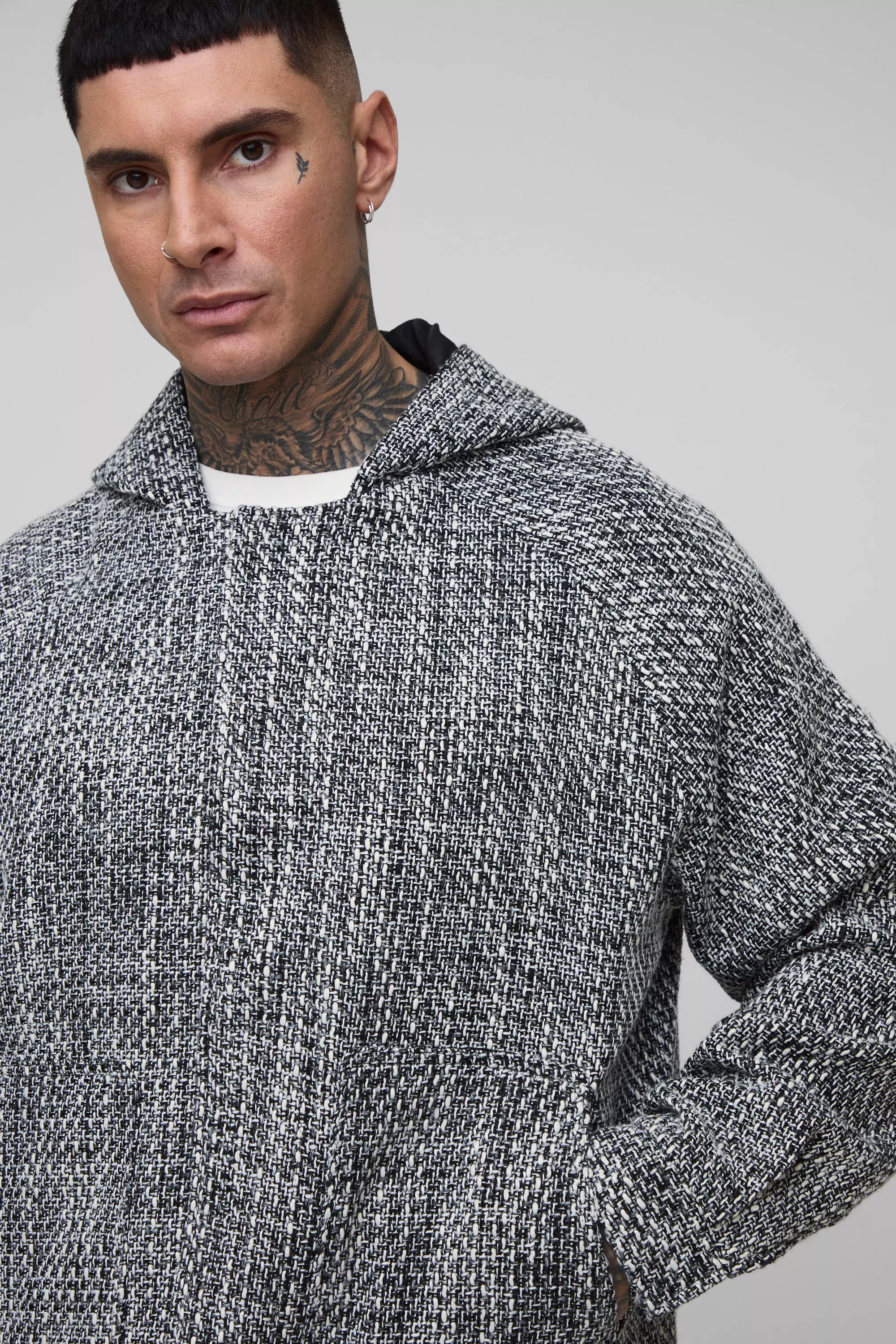 Black Tall Oversized Boucle Zip Up Hooded Jacket alternative image