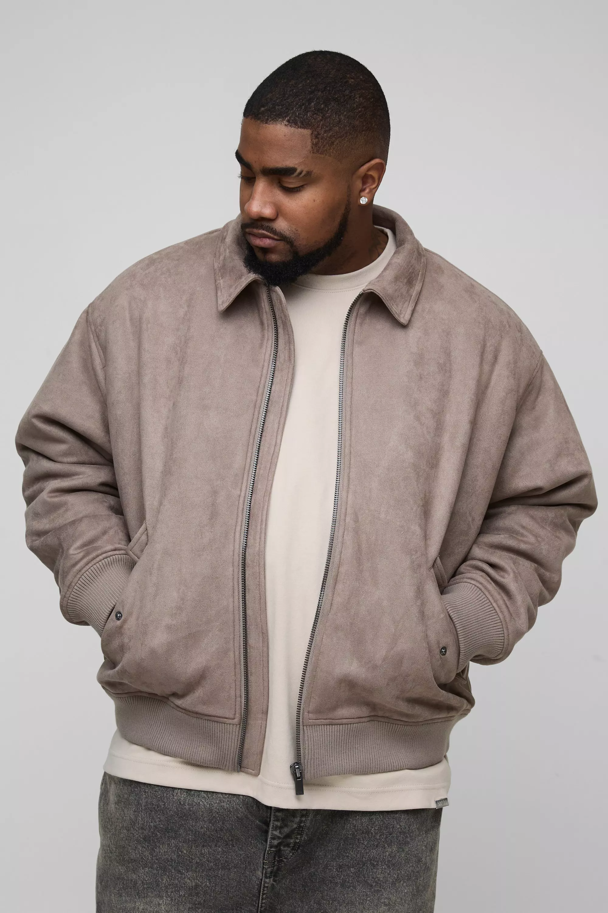 Taupe Plus Oversized Nep Suède Boxy Harrington Jas alternatieve afbeelding