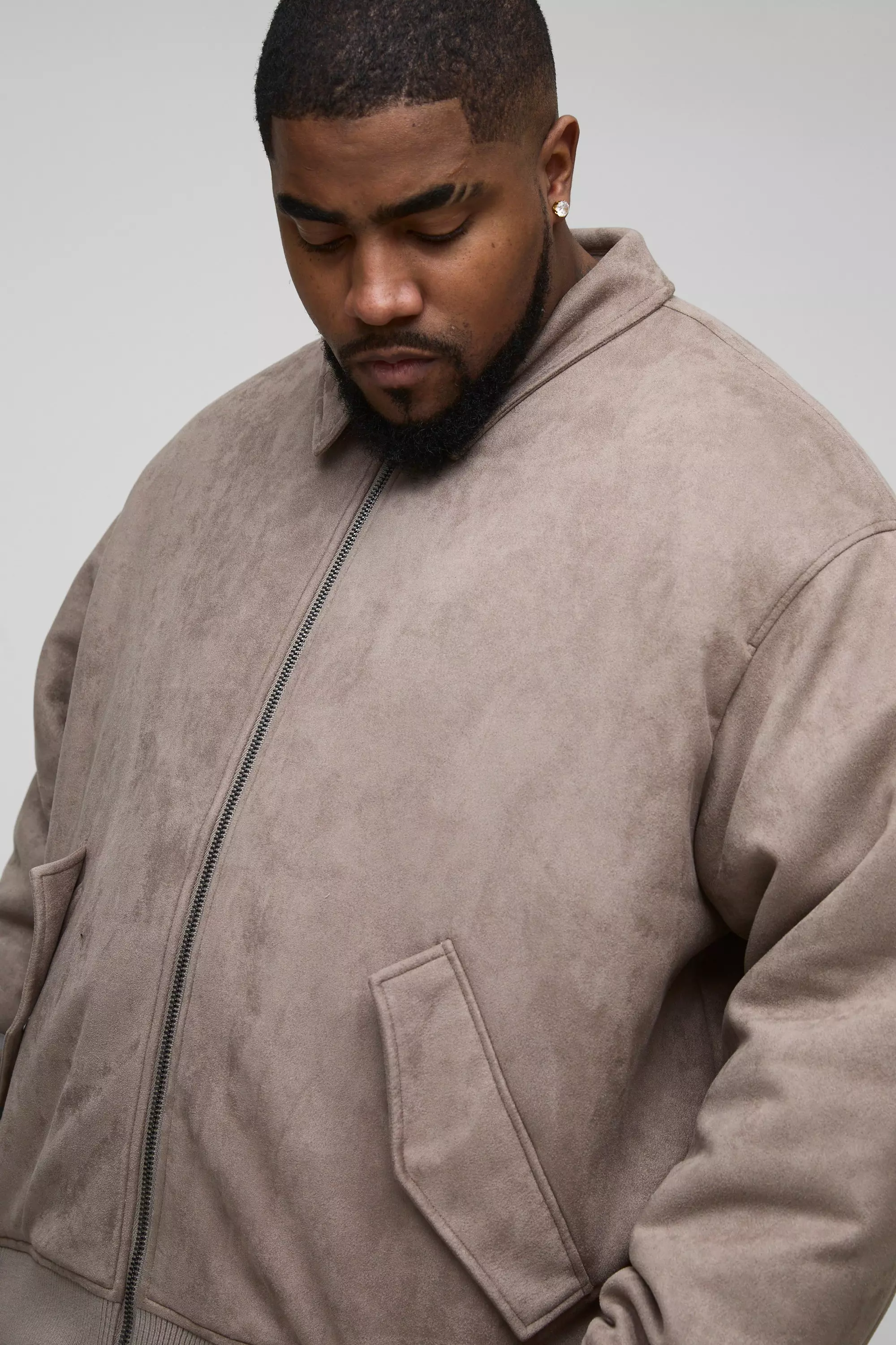 Taupe Plus Oversized Nep Suède Boxy Harrington Jas alternatieve afbeelding