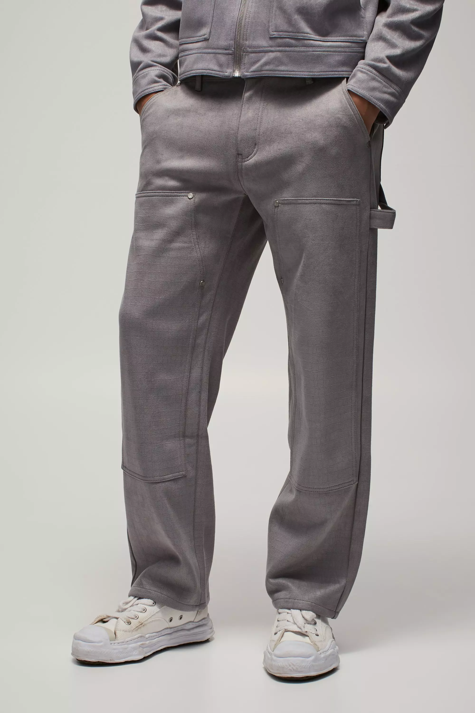 Grey Relaxed Croc Suede Carpenter Trousers alternative image