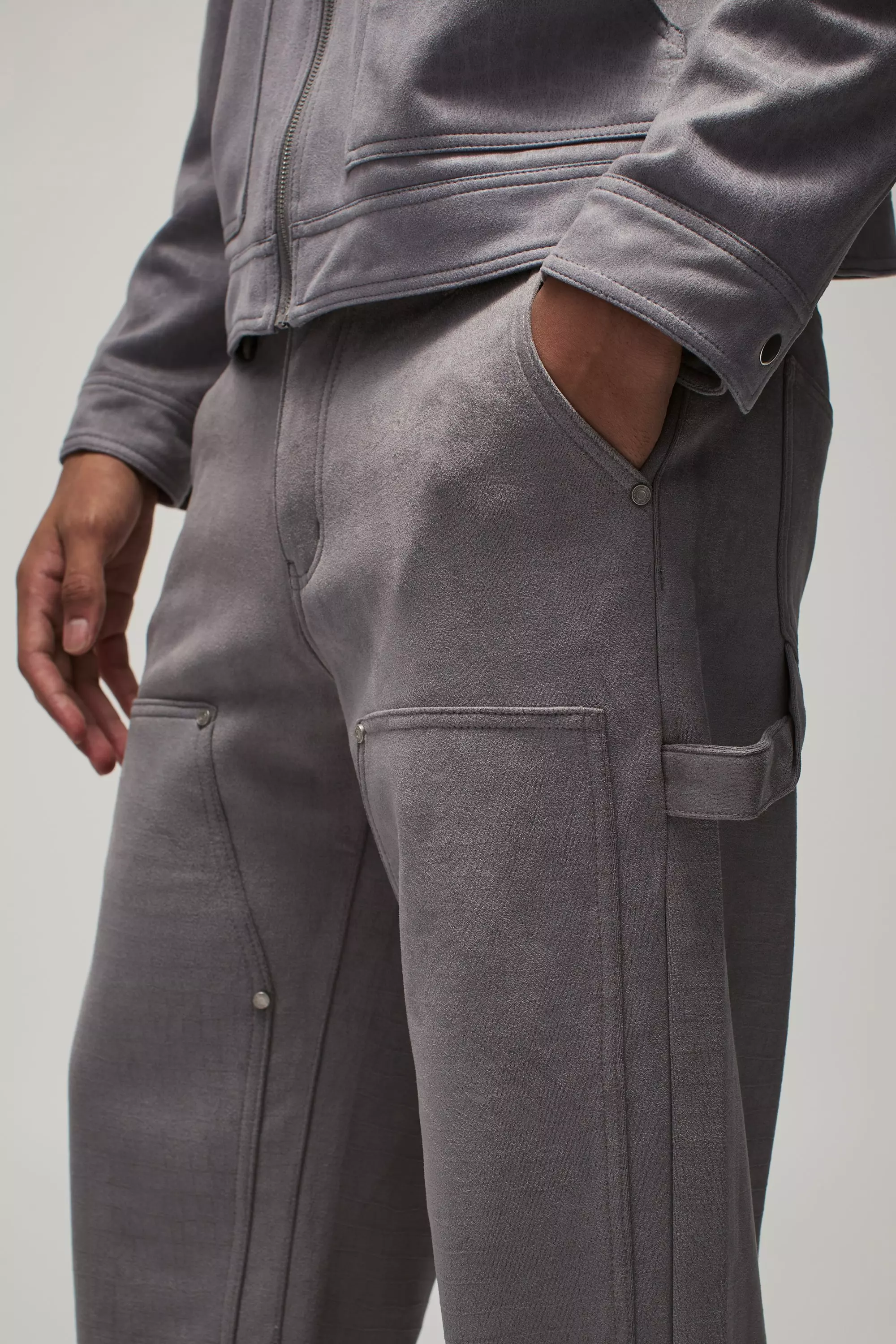 Grey Relaxed Croc Suede Carpenter Trousers alternative image