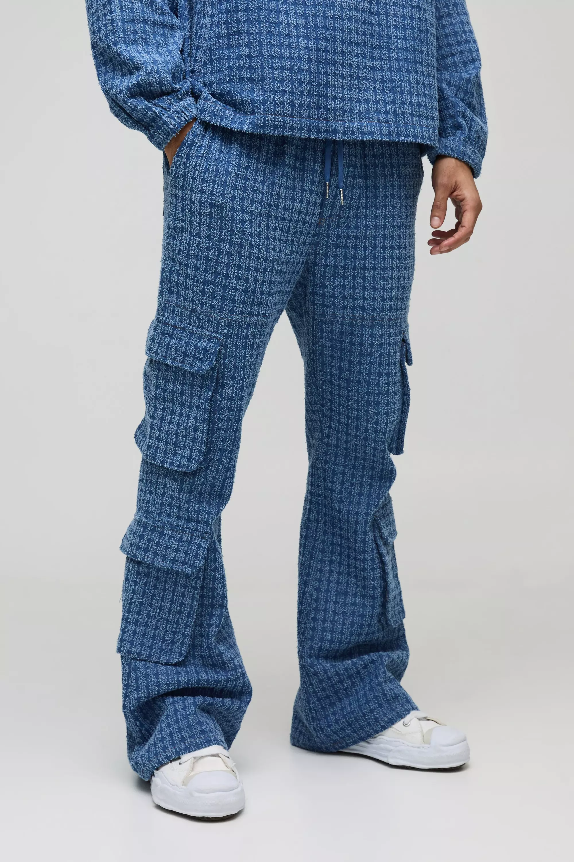 Blue Baggy Flared Cargo Denim Jeans Met Textuur alternatieve afbeelding