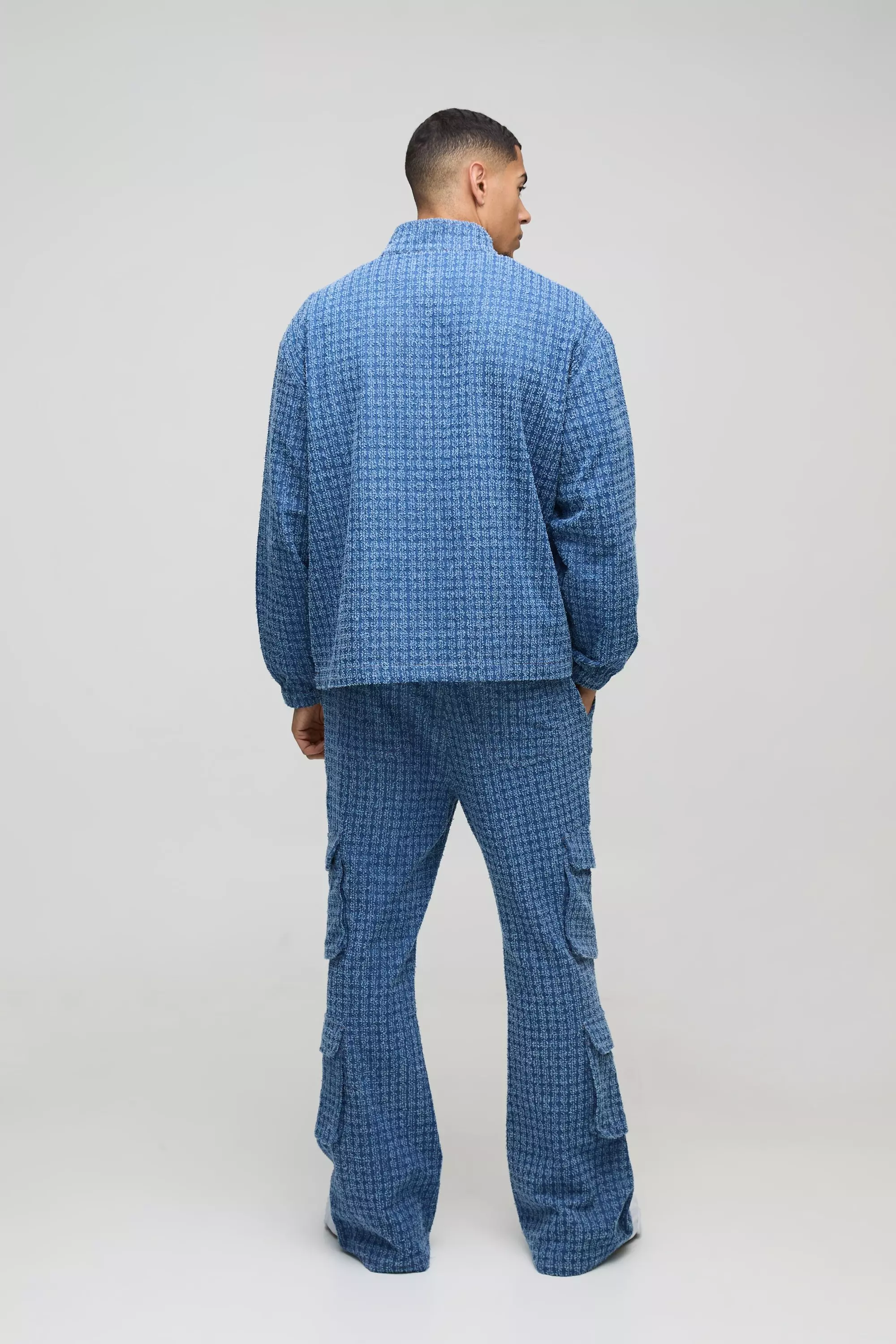 Blue Baggy Flared Cargo Denim Jeans Met Textuur alternatieve afbeelding