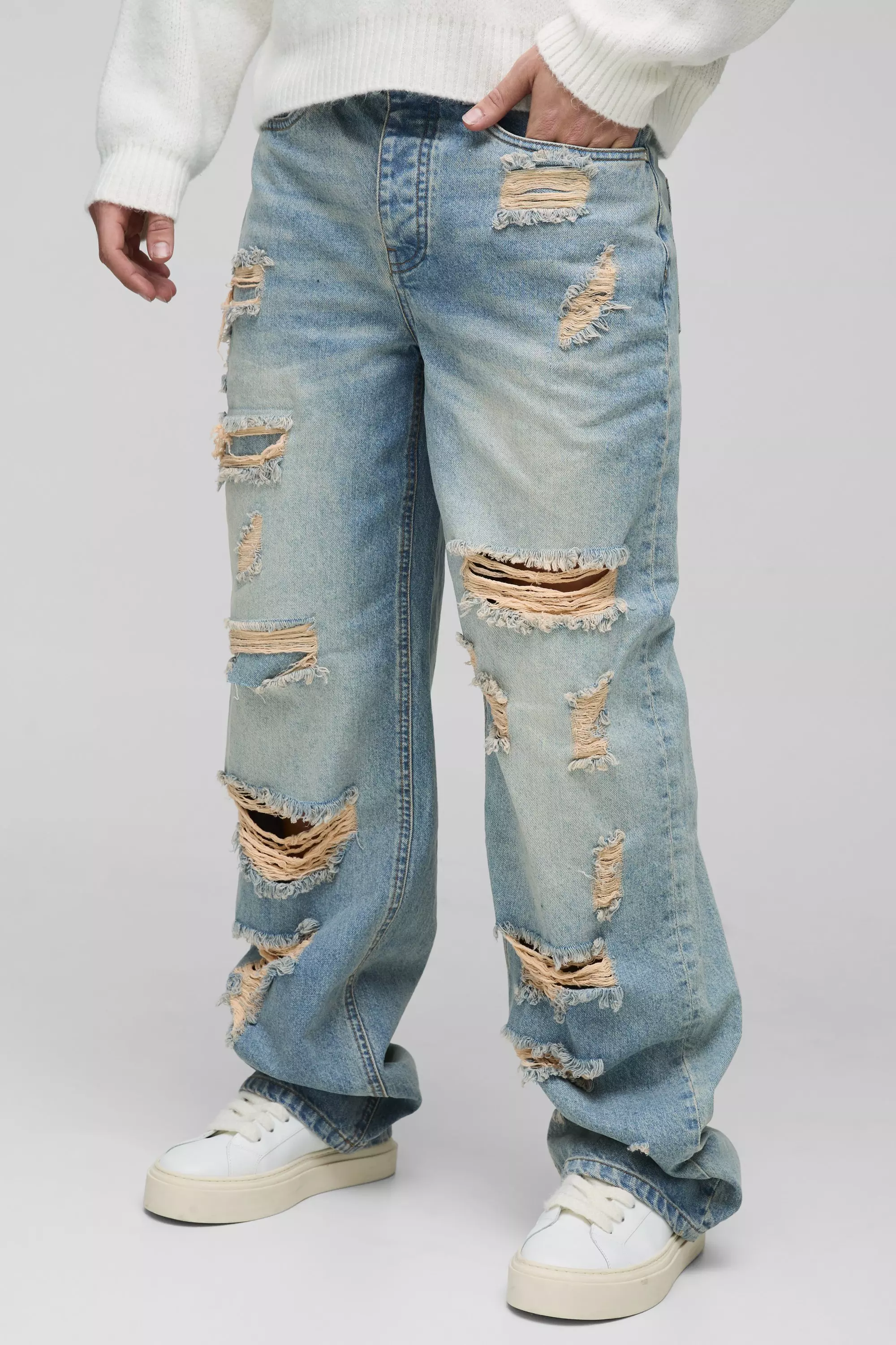 Relaxed Stacked Rigid Extreme Ripped Washed Denim Jeans stonewash