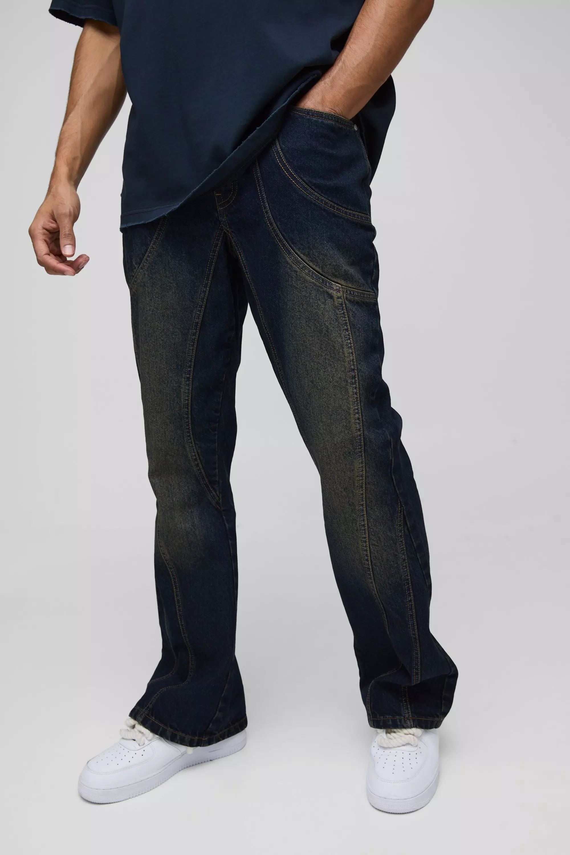 Relaxed Rigid Flare Washed Panelled Denim Jeans Vintage wash