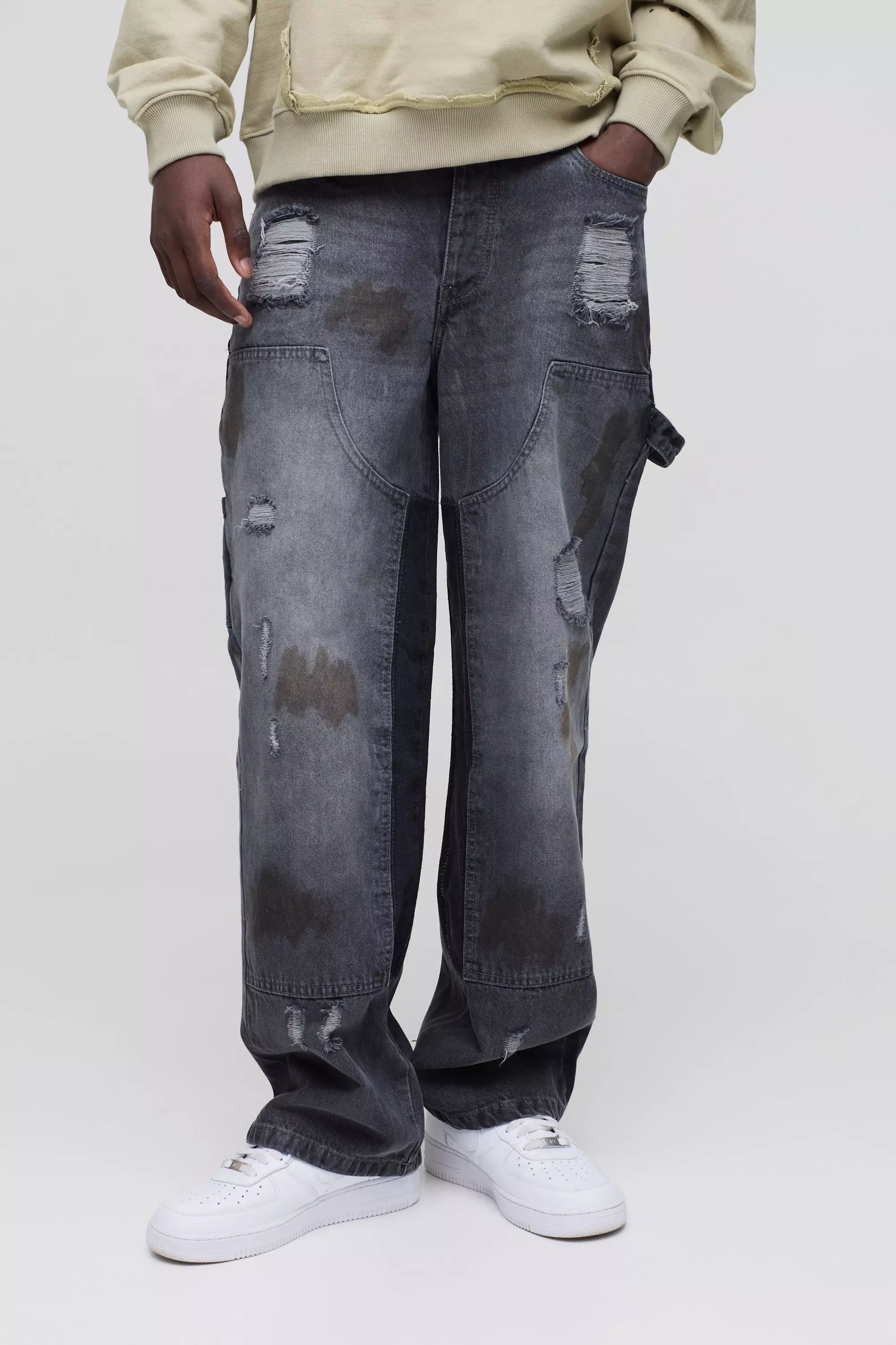 Relaxed Rigid Ripped Dirty Wash Carpenter Denim Jeans Grey