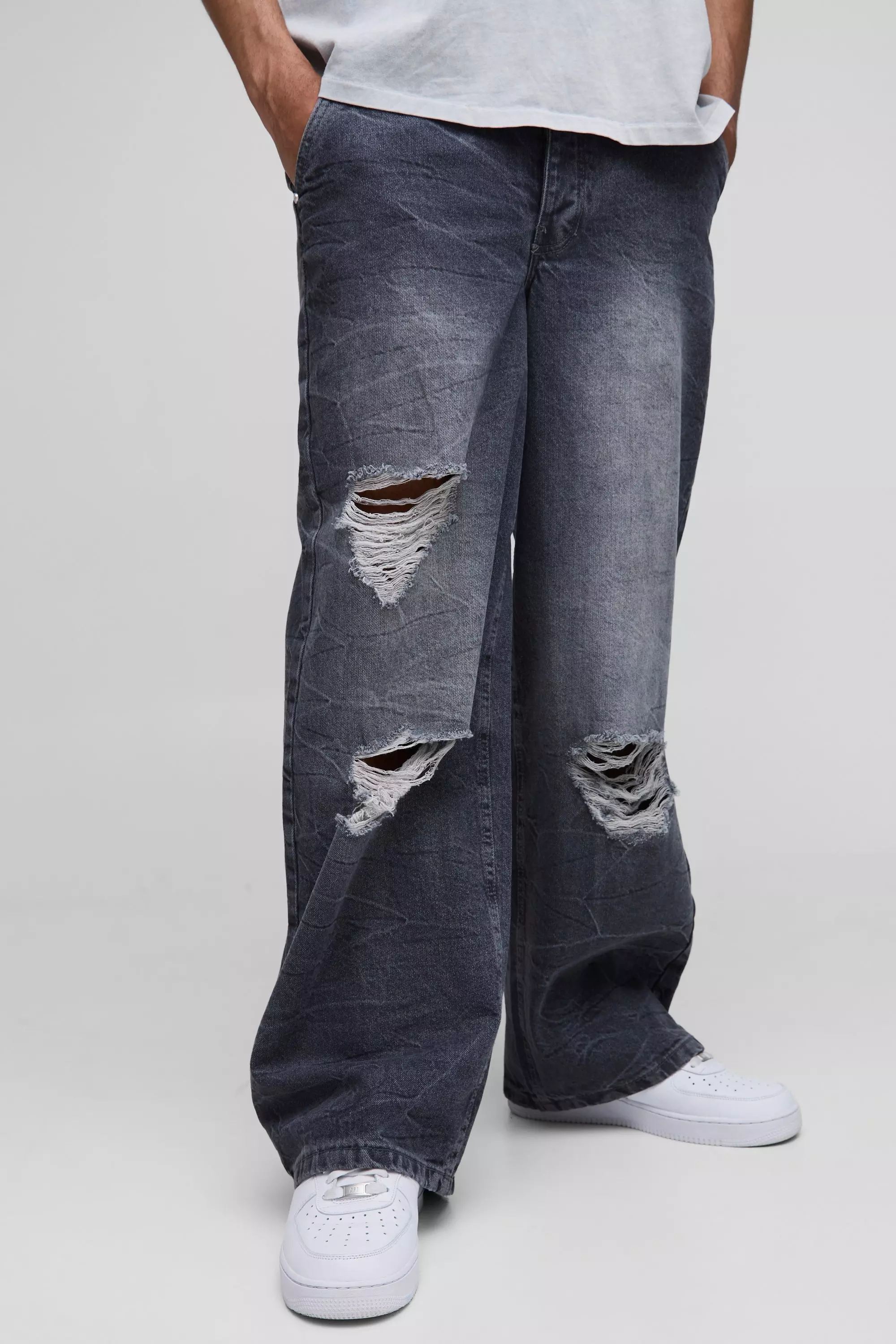 Baggy Rigid Boxer Waistband Ripped Crinkle Washed Denim Jeans Light grey