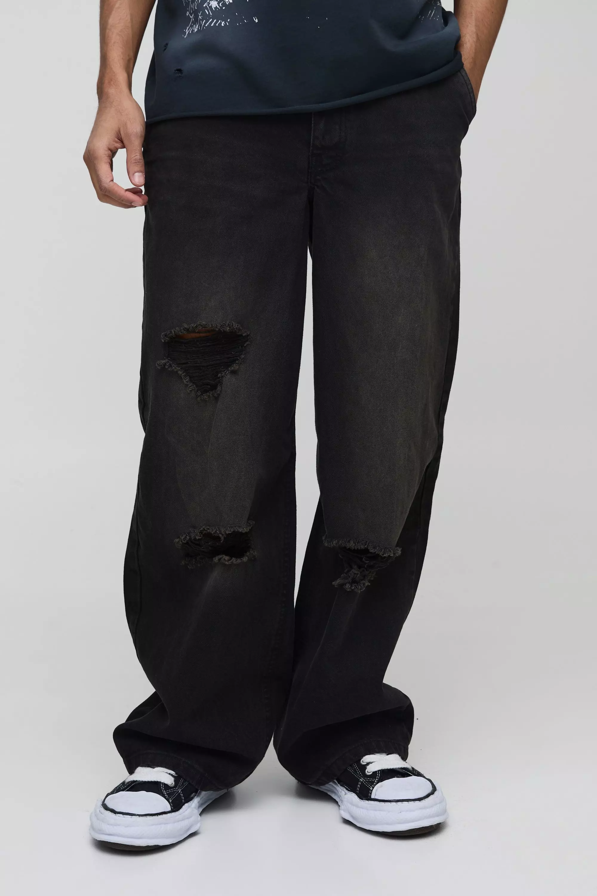 Baggy Rigid Boxer Waistband Ripped Denim Jeans Dark brown