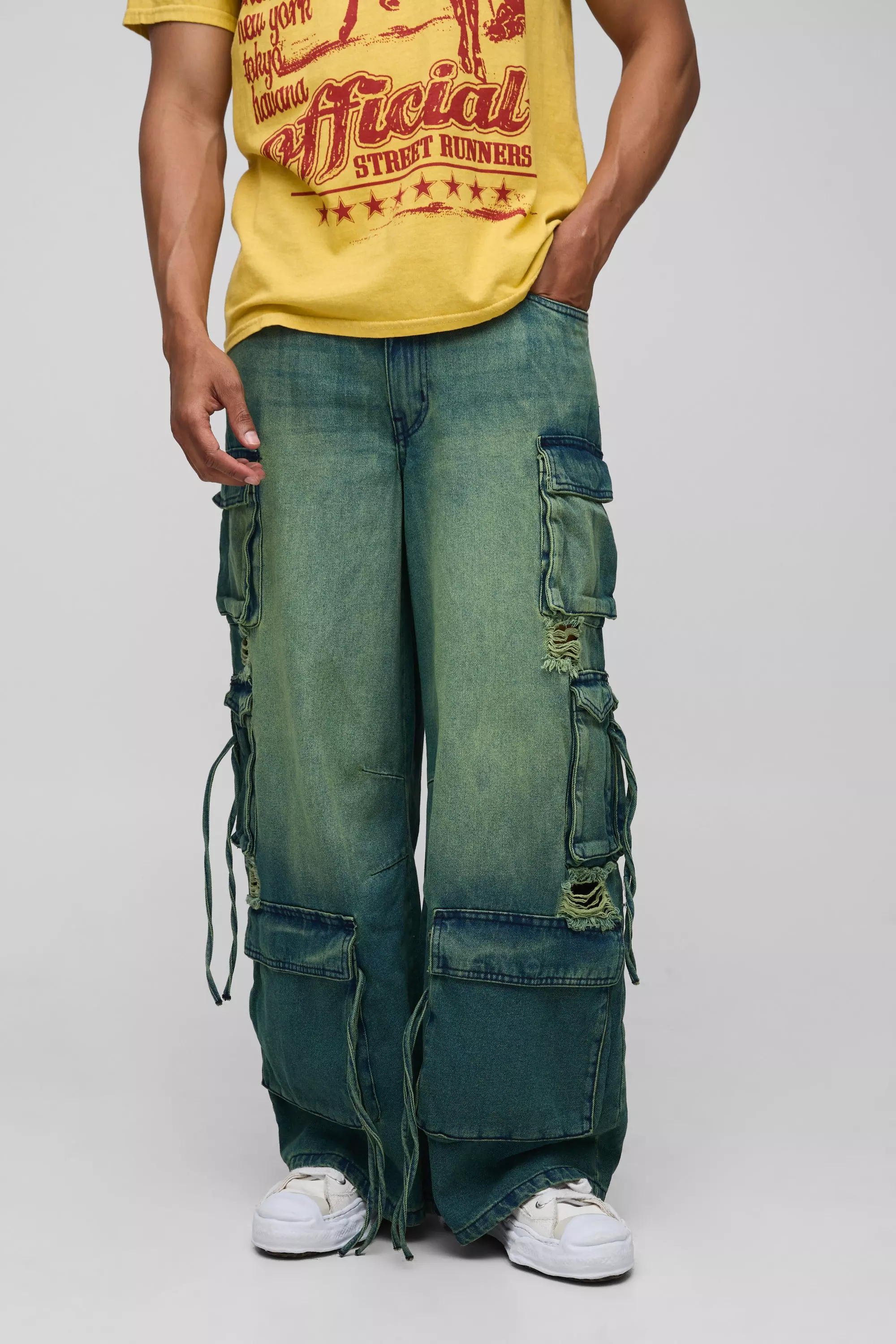 Super Baggy Rigid Ripped Multi Pocket Cargo Strap Denim Jeans | boohooMAN USA
