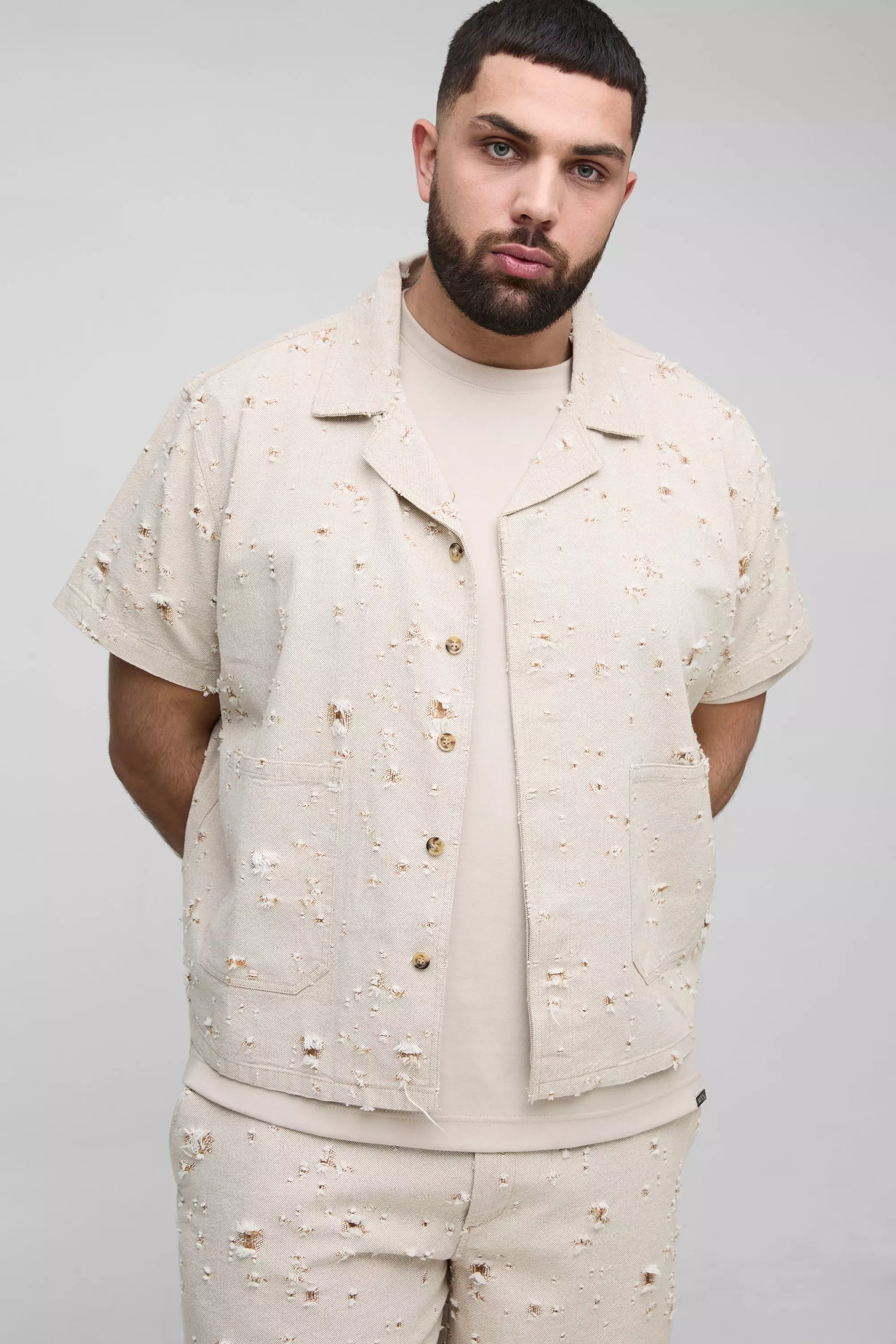 Plus Nibbled Denim Boxy Oversized Revere Shirt Stone