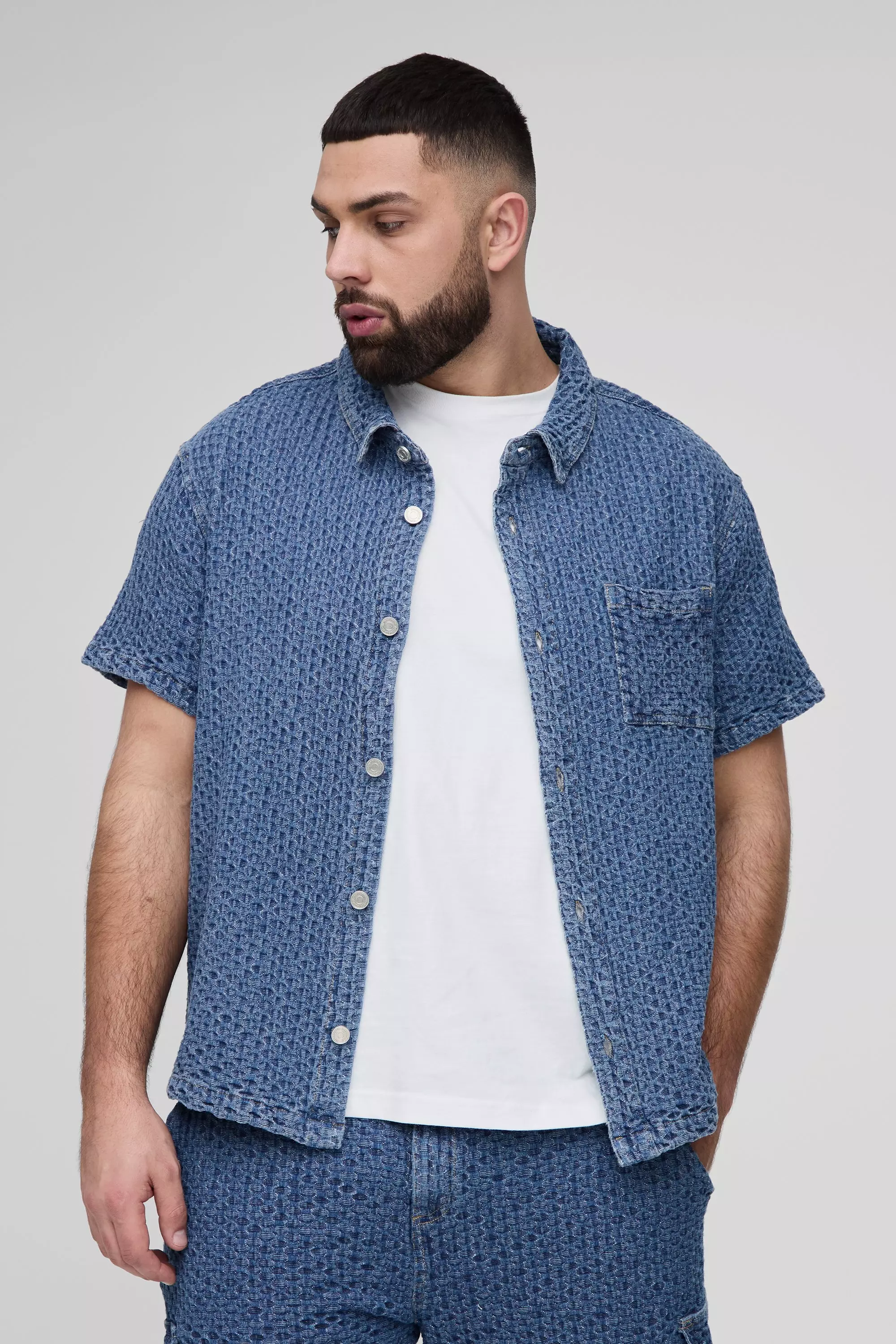 Plus Textured Denim Boxy Overshirt Shirt | boohooMAN UK