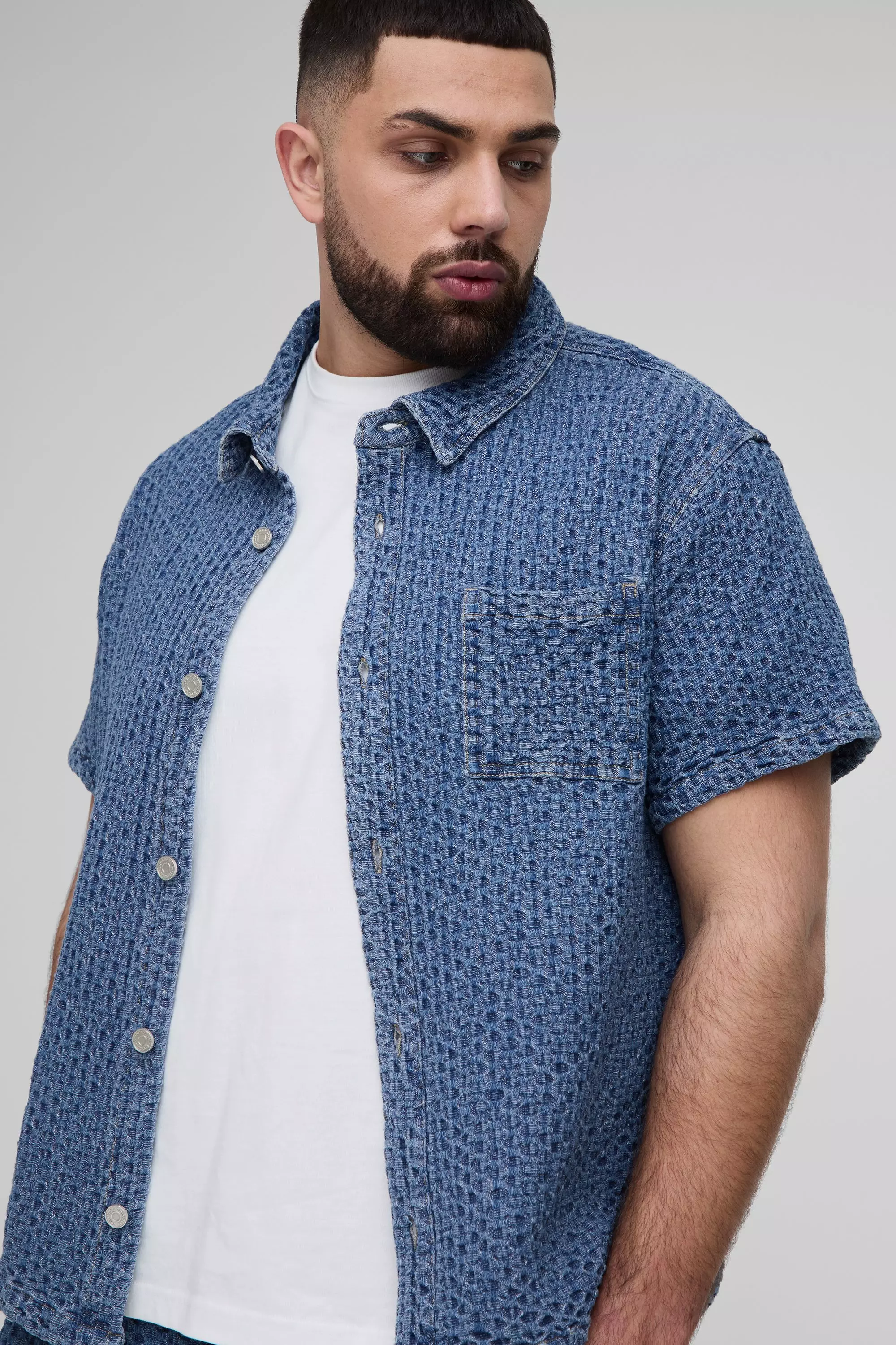 Plus Textured Denim Boxy Overshirt Shirt | boohooMAN UK