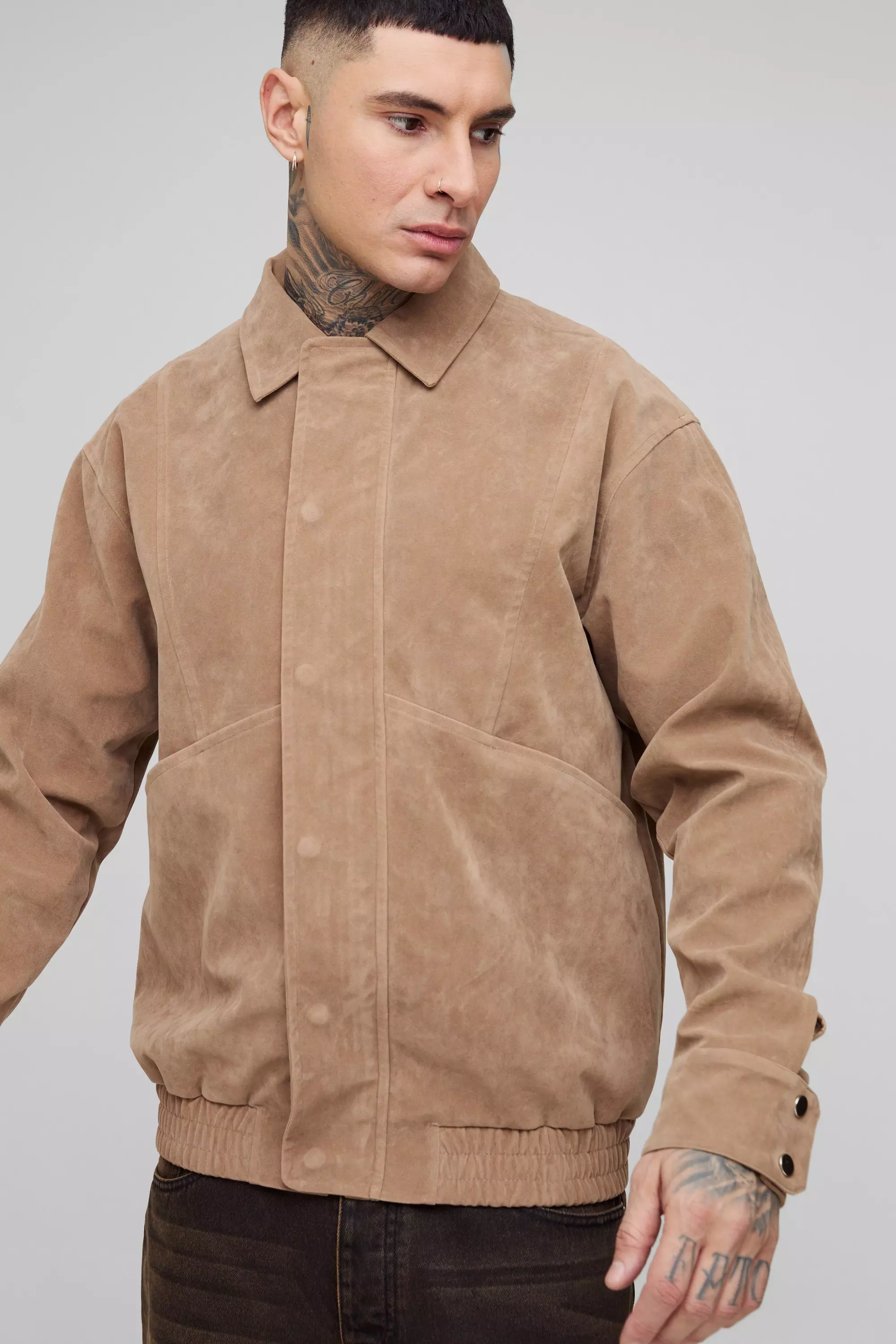 Stone Tall Boxy Nep Suède Harrington Jas alternatieve afbeelding