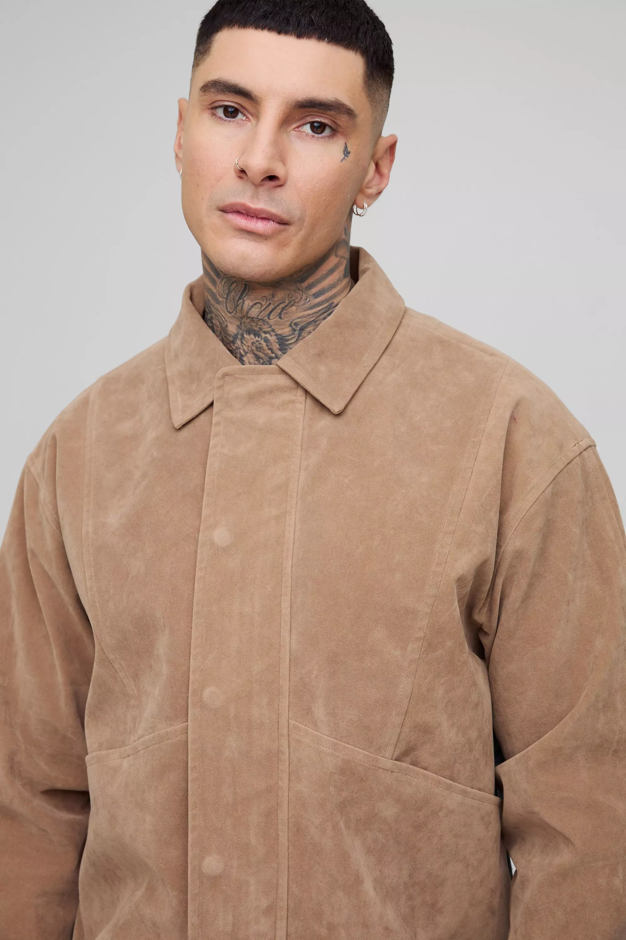 Stone Tall Boxy Nep Suède Harrington Jas alternatieve afbeelding