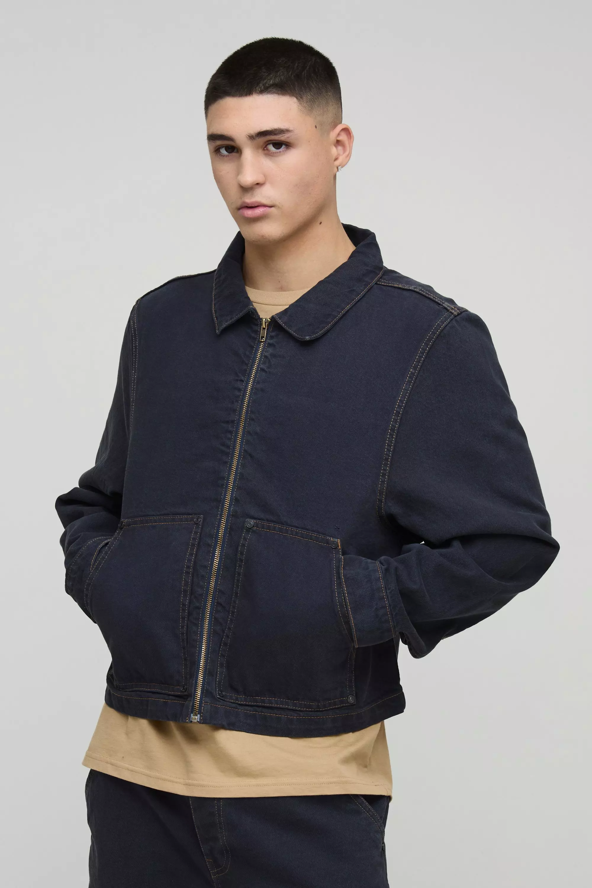 Carpenter Contrast Stitch Denim Harrington Jacket Dark navy