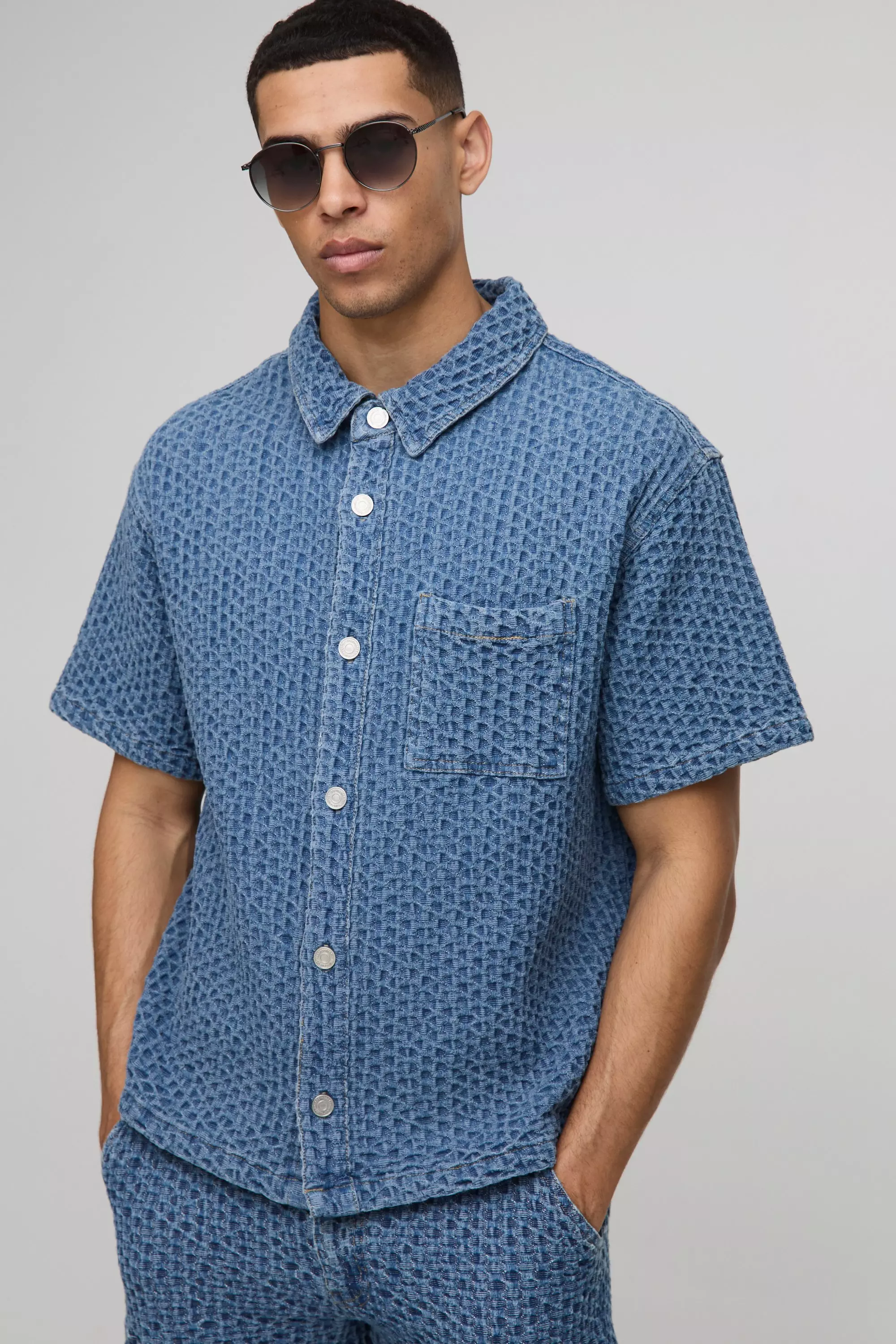 Mid blue Boxy Fit Revere Textured Denim Shirt alternative image