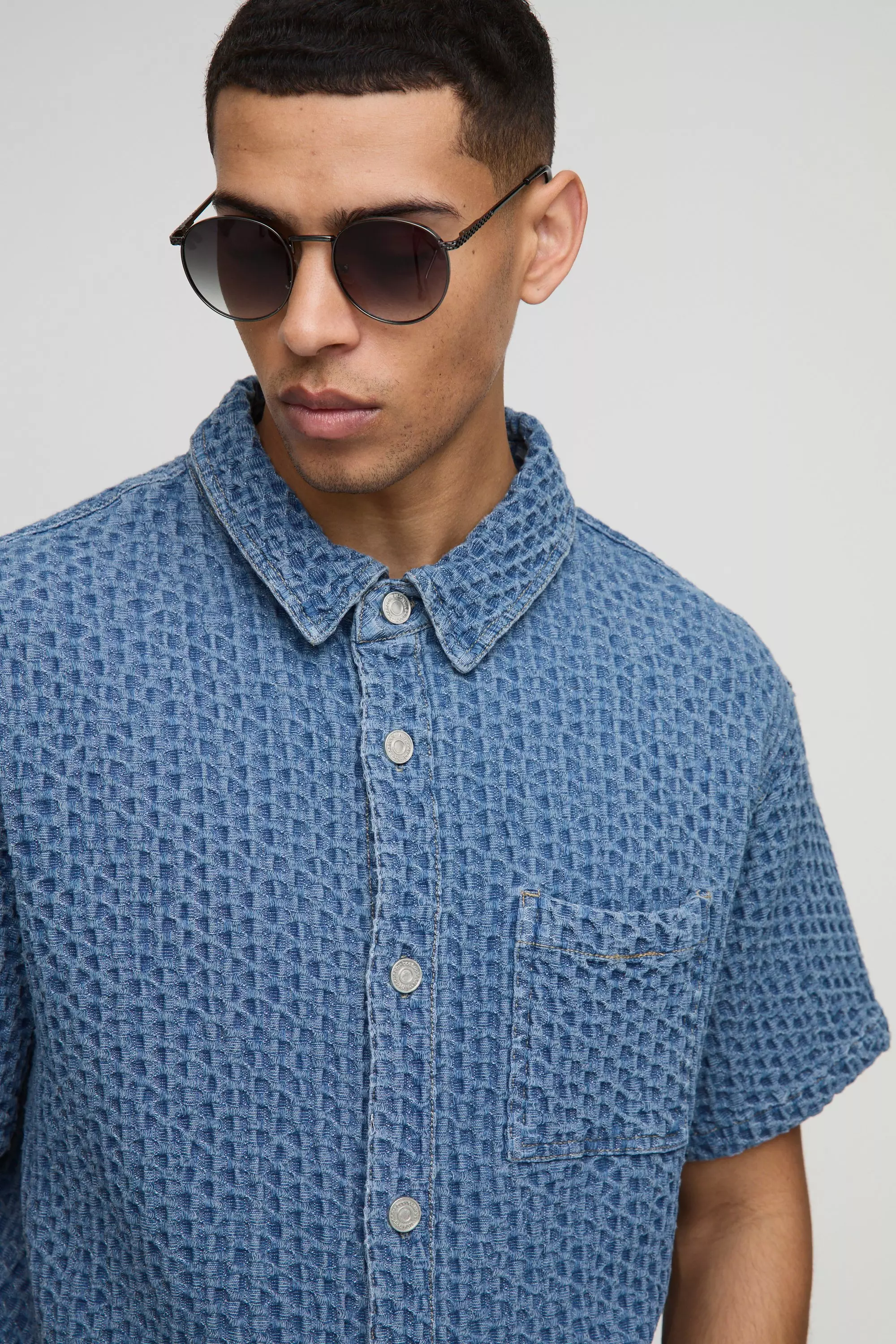 Chemise oversize en jean texturé, Mid blue autre image