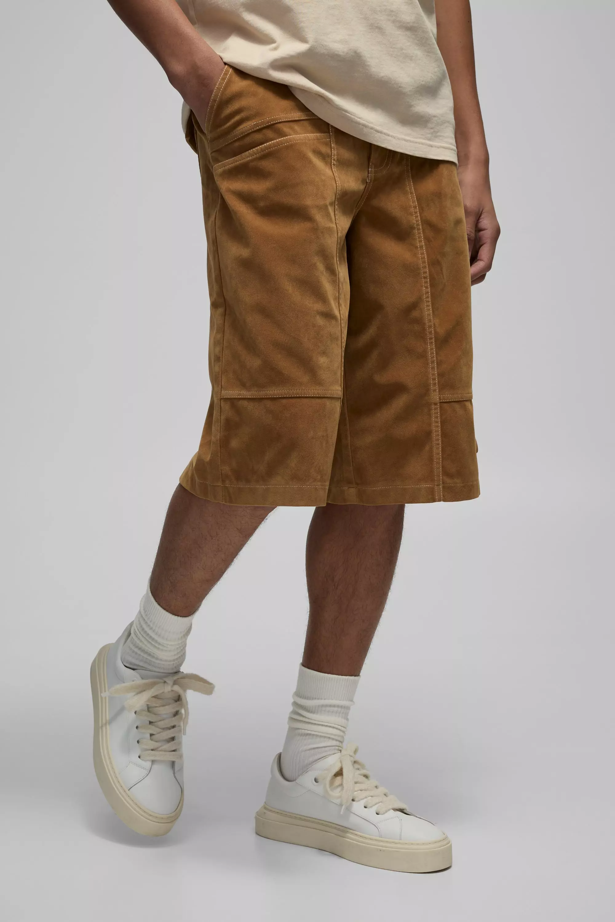 Pantaloncini Cargo Extra Lunghi Pesanti In Scamosciato, Tan immagine alternativa