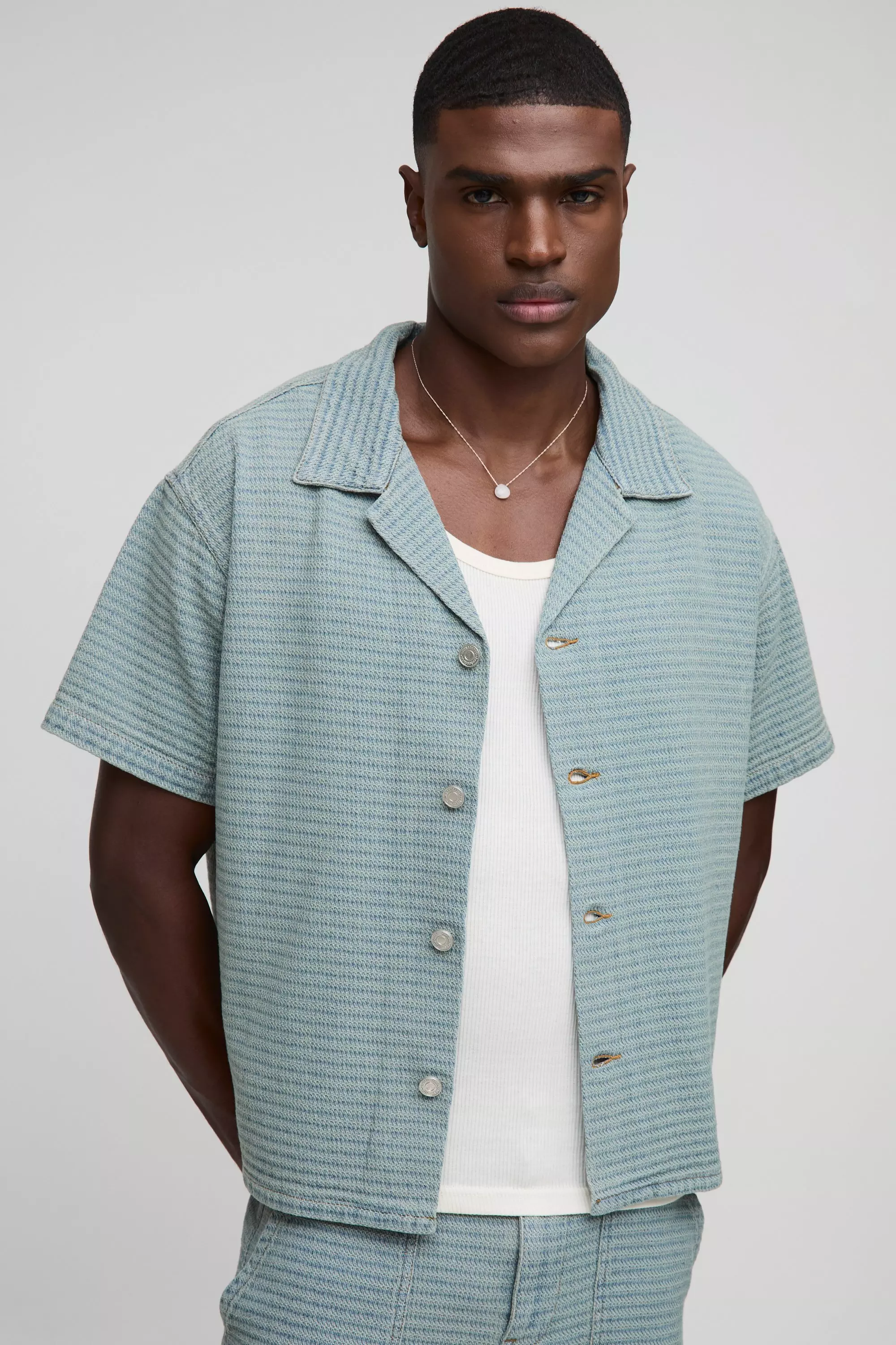 Boxy Revere Denim Textured Shirt Light blue