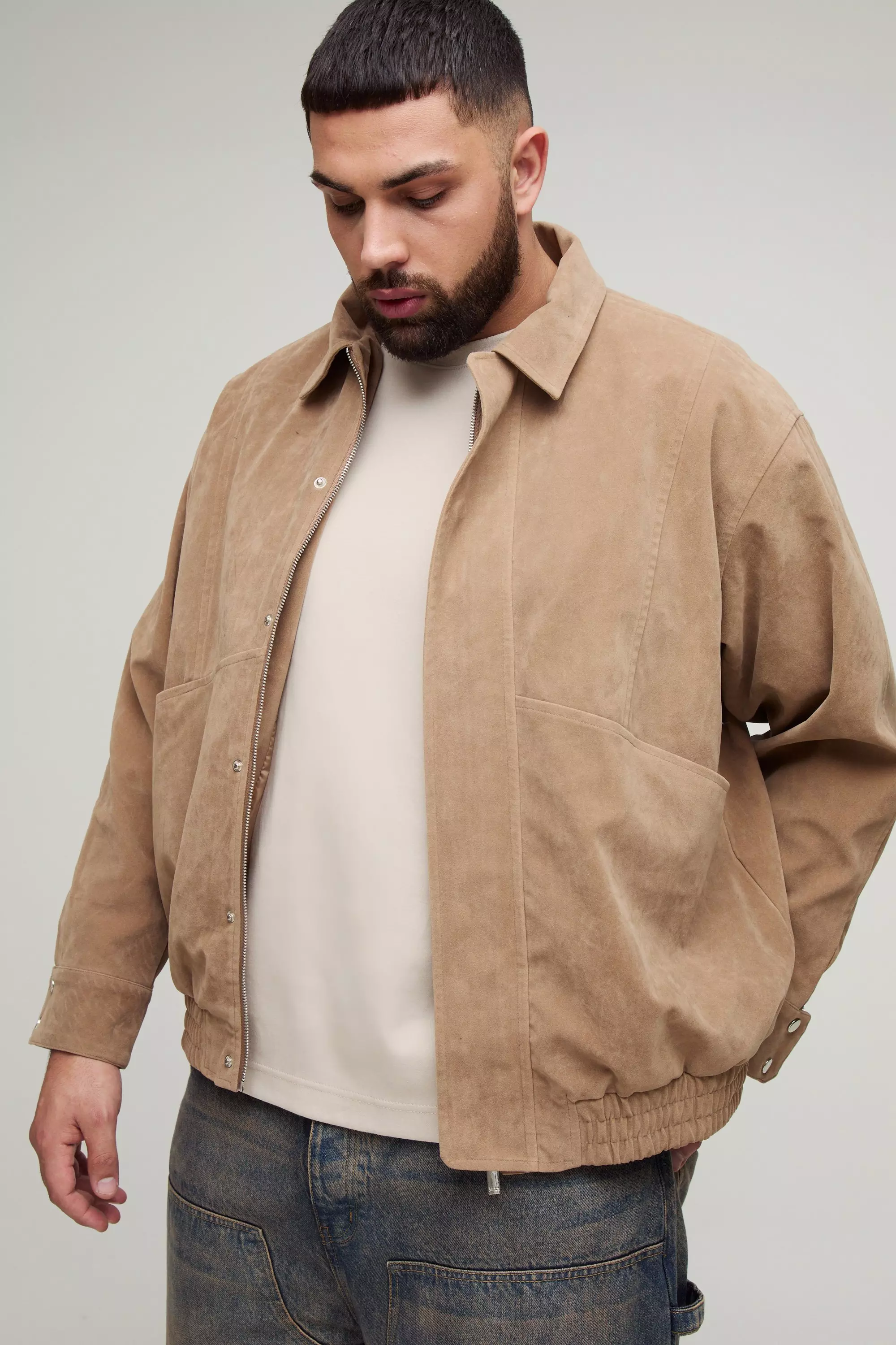 Stone Plus Faux Suede Boxy Harrington Jacket alternative image