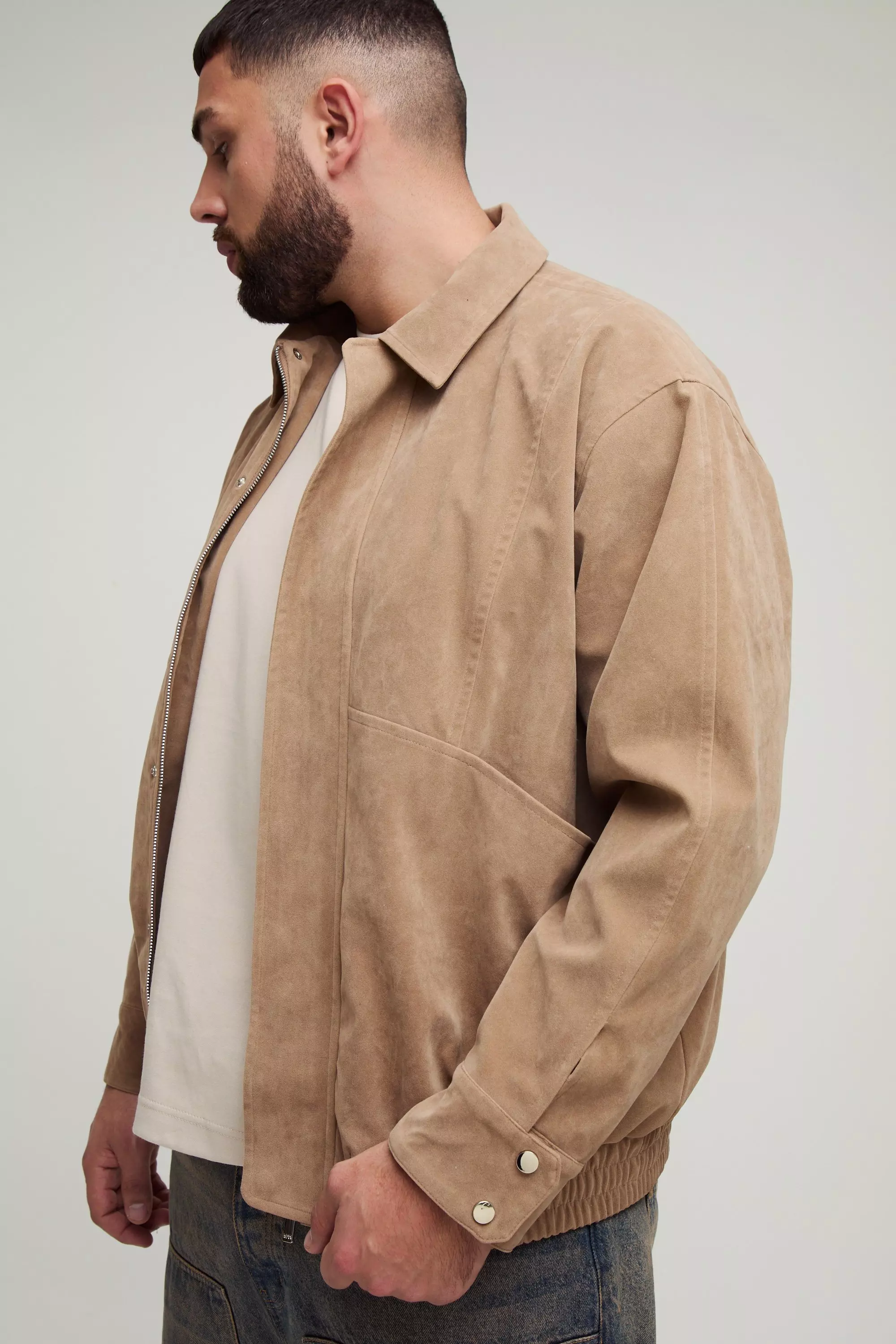 Stone Plus Faux Suede Boxy Harrington Jacket alternative image