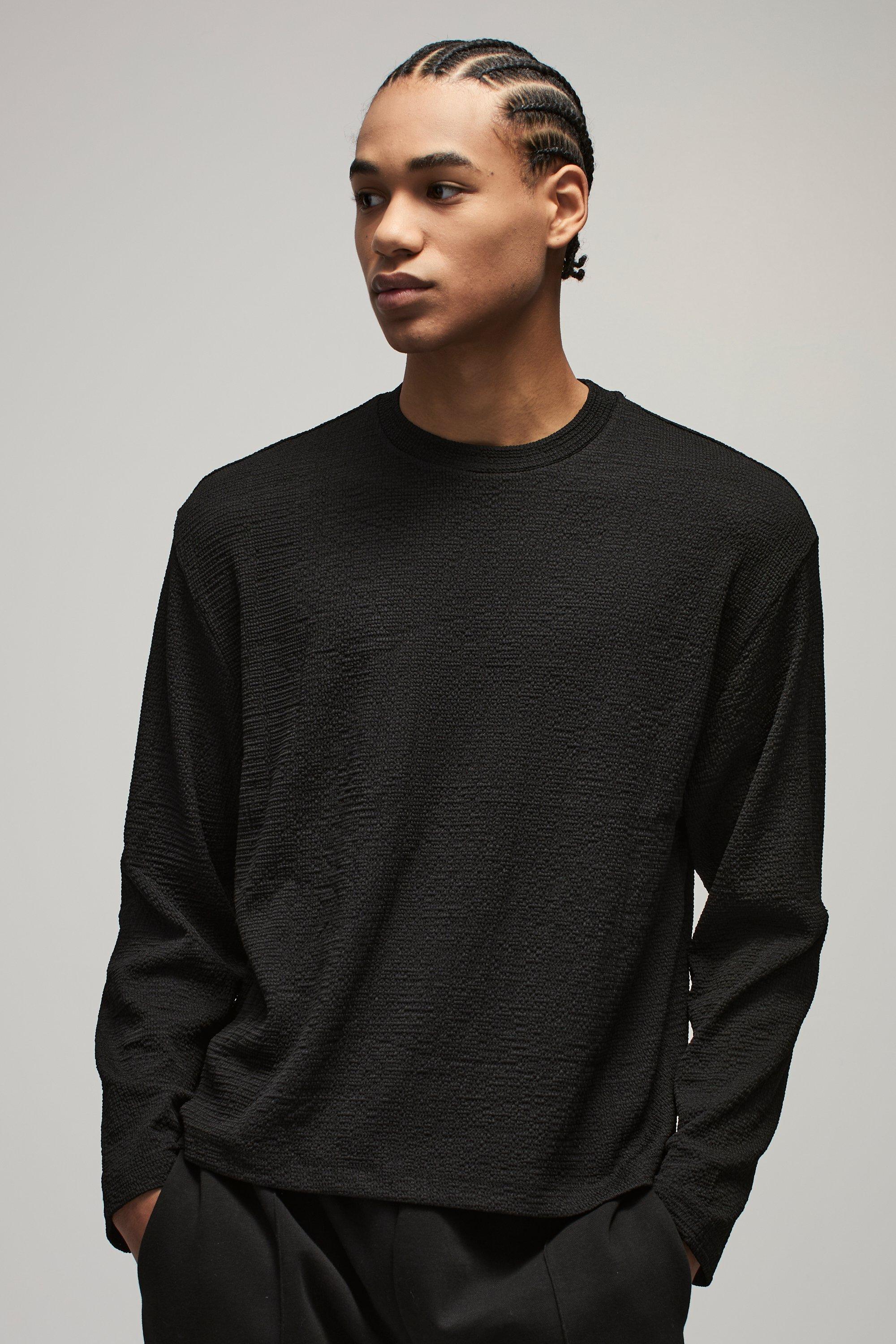 Oversized Boxy Textured Long Sleeve T-Shirt | boohooMAN USA