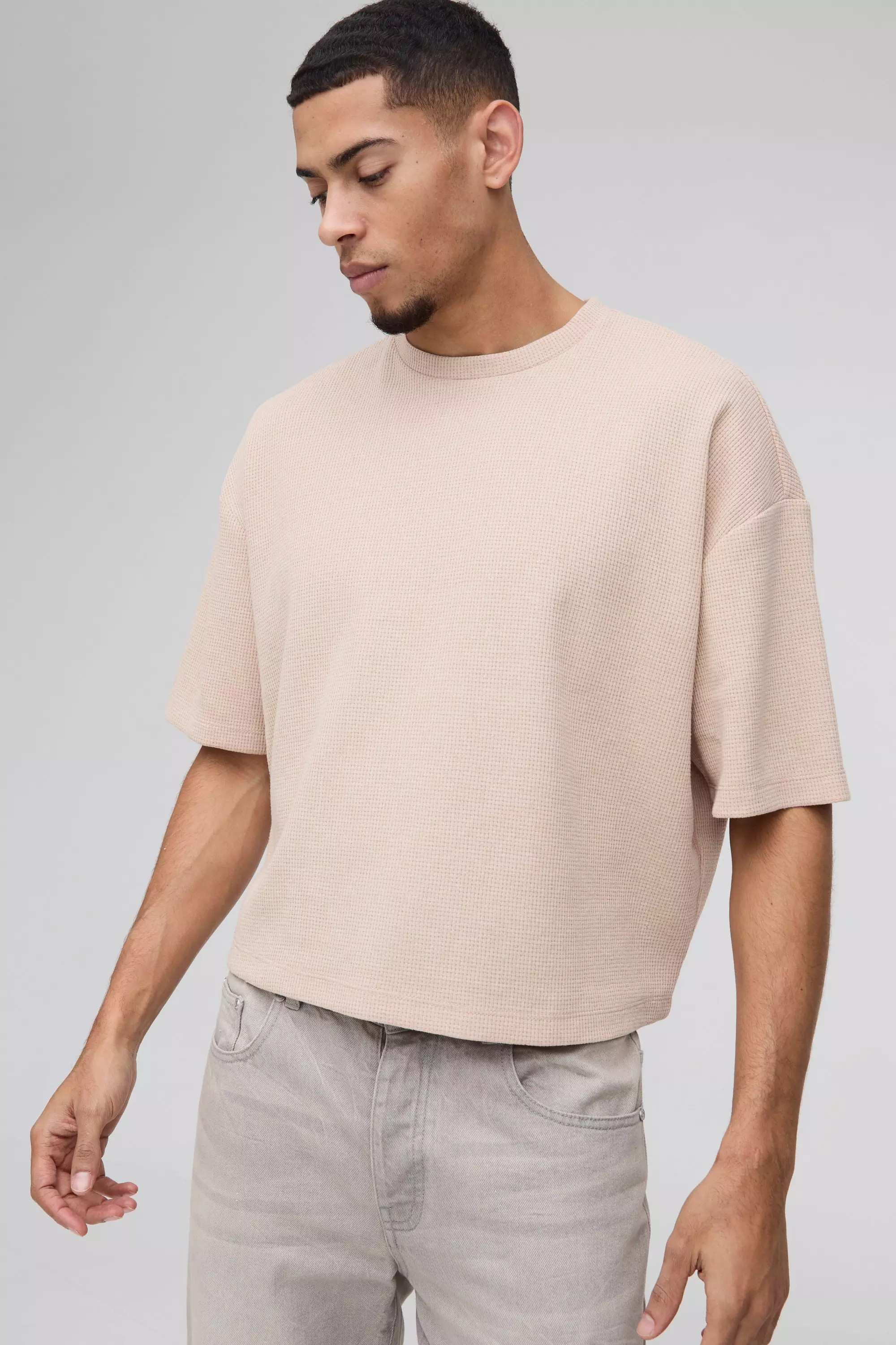 Stone Oversized Boxy Wafel Gebreid Jersey T-Shirt alternatieve afbeelding