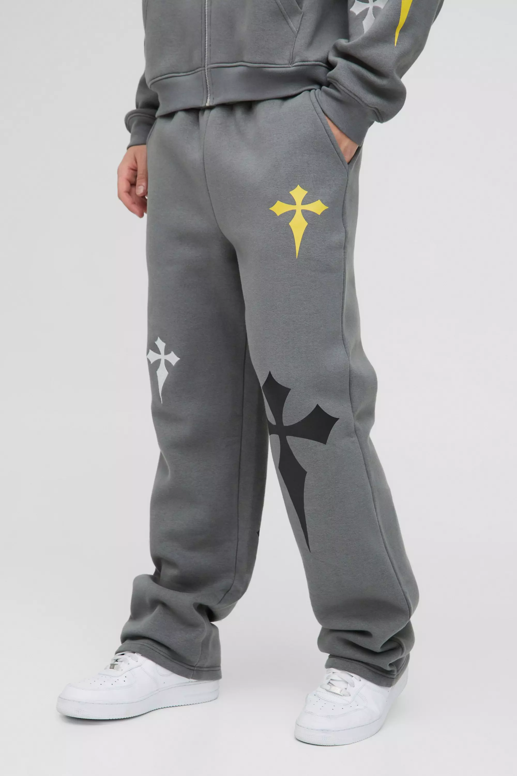 Relaxed Fit Cross Embroidered Printed Jogger Charcoal