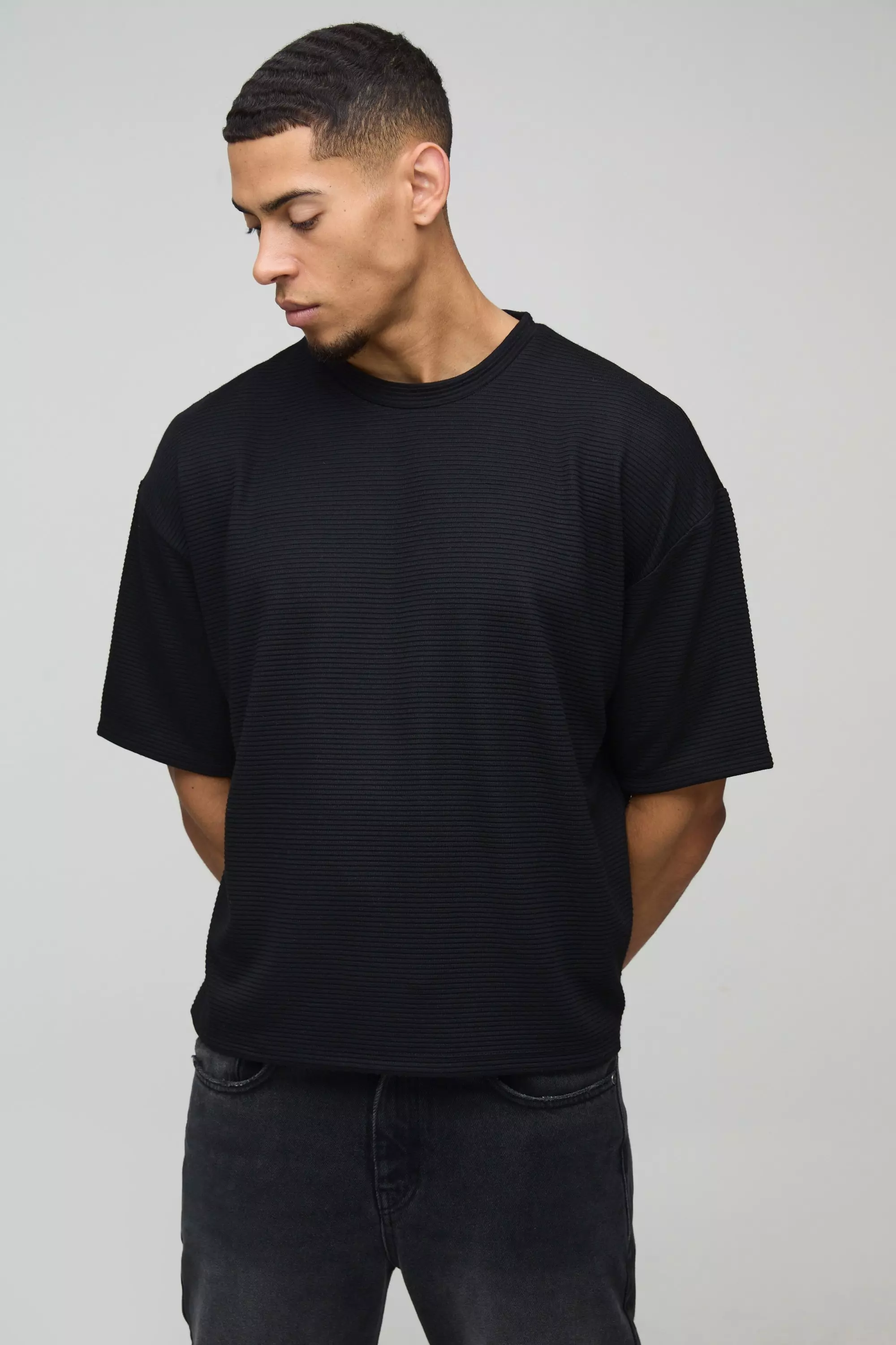 Black Oversized Boxy Ribbed T-Shirt