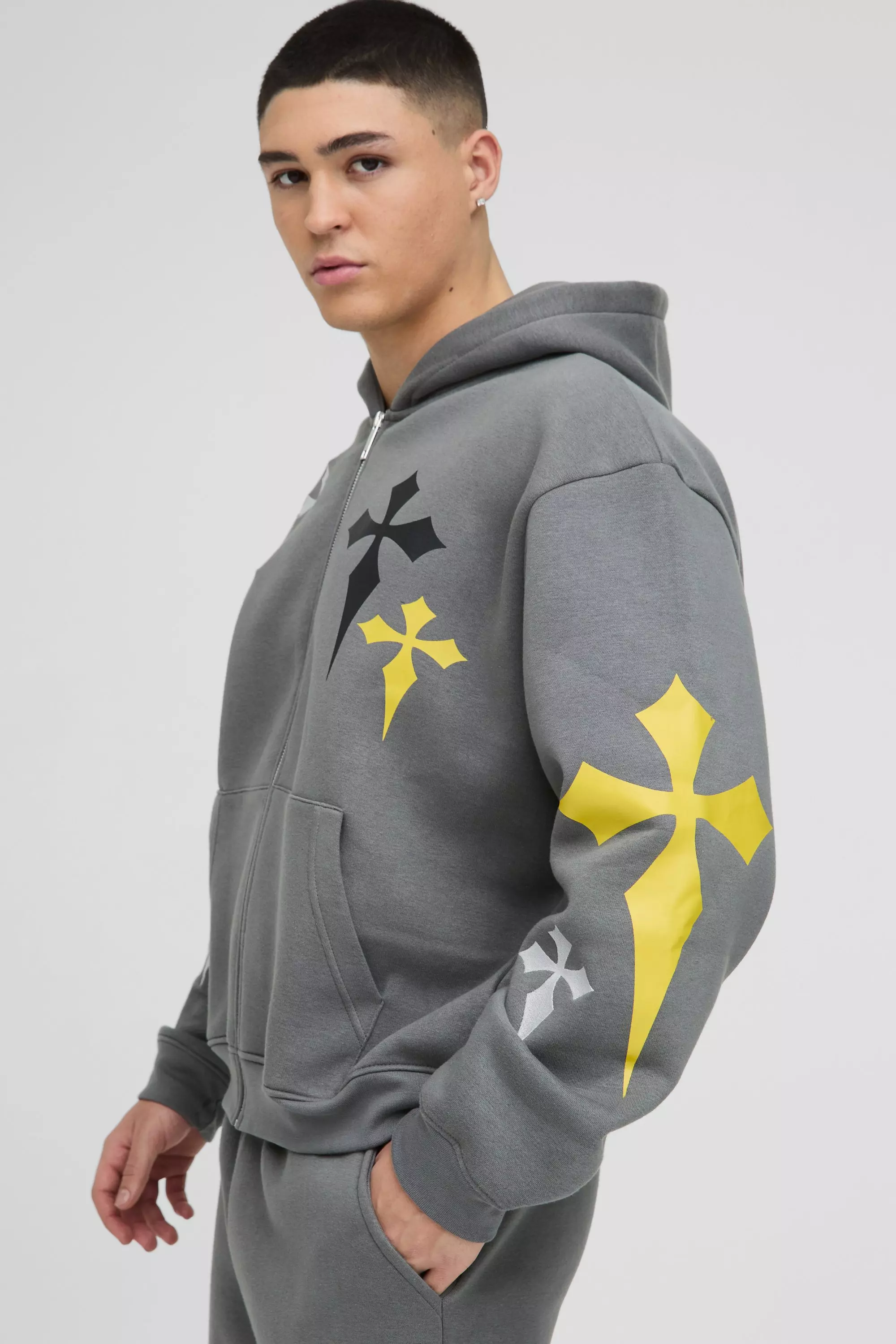 Charcoal Grey Oversized Boxy Cross Embroidered Printed Zip Through Hoodie