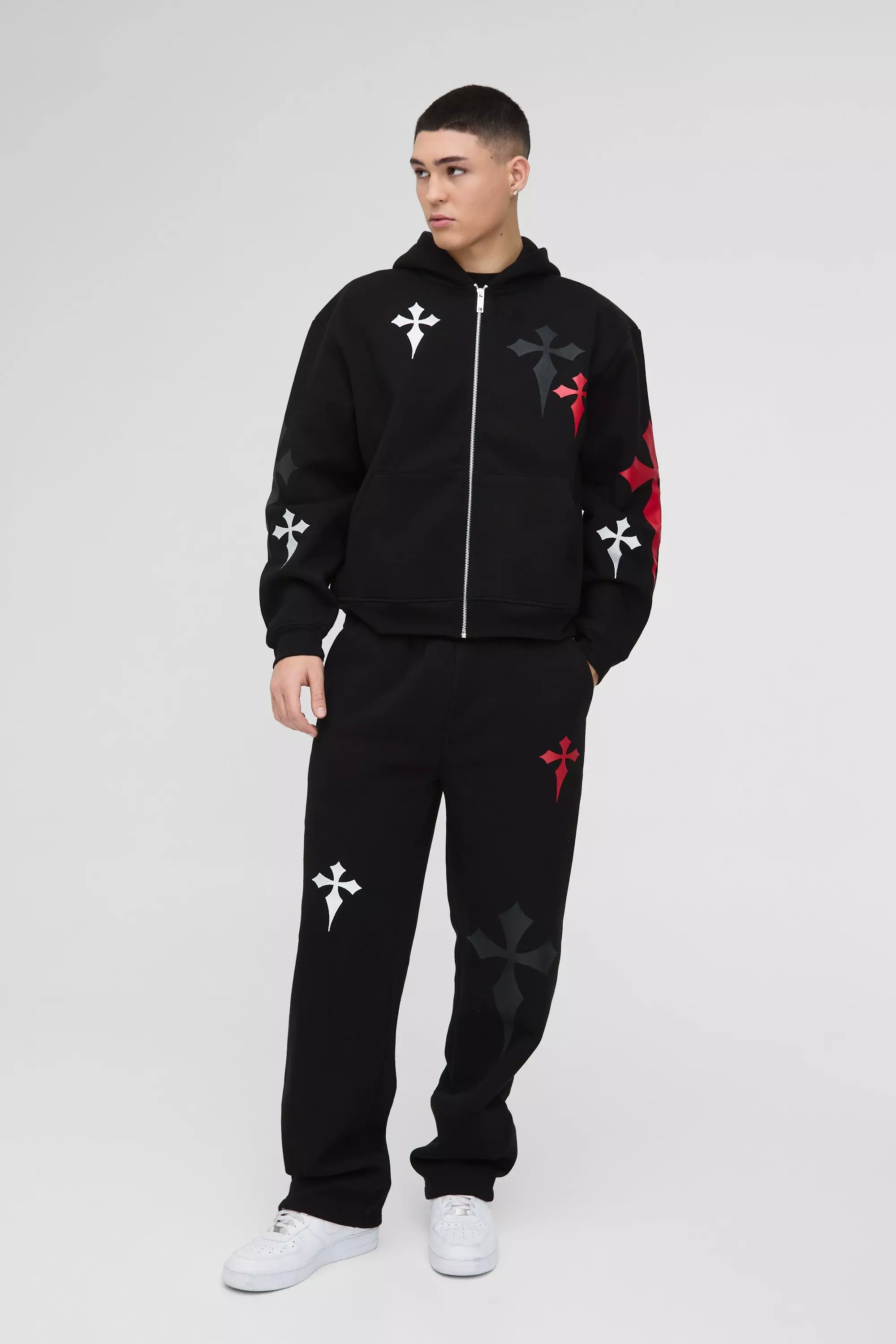 Black Oversized Boxy Cross Embroidered Printed Zip Through Hooded Tracksuit