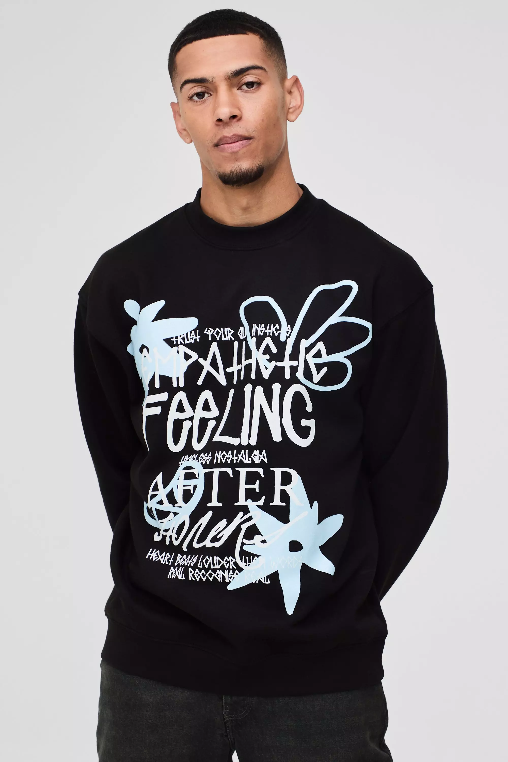 Felpa Oversize Con Grafica Di Fiori E Ghirigori, Black immagine alternativa
