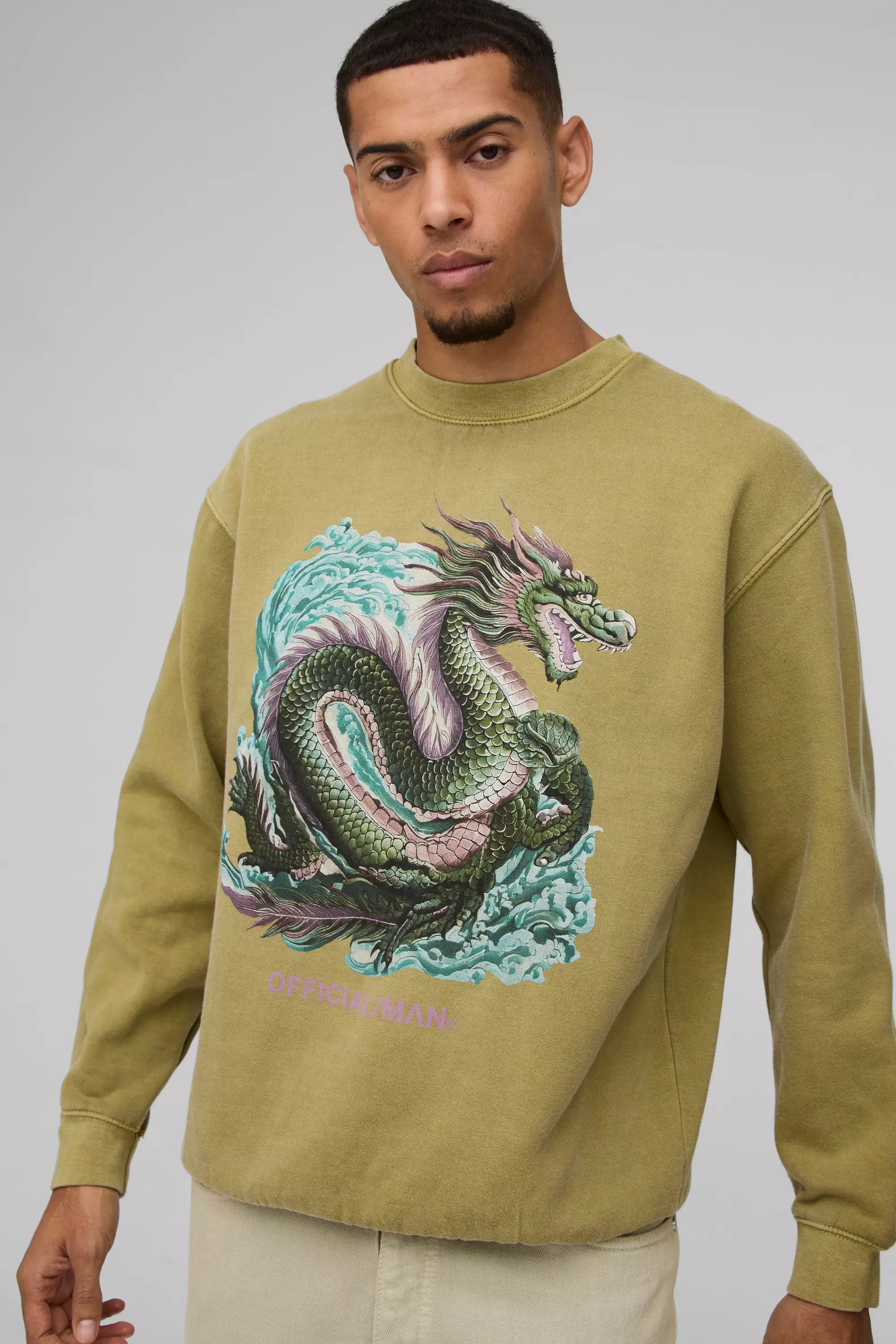 Sweat oversize délavé à imprimé dragon, Khaki autre image