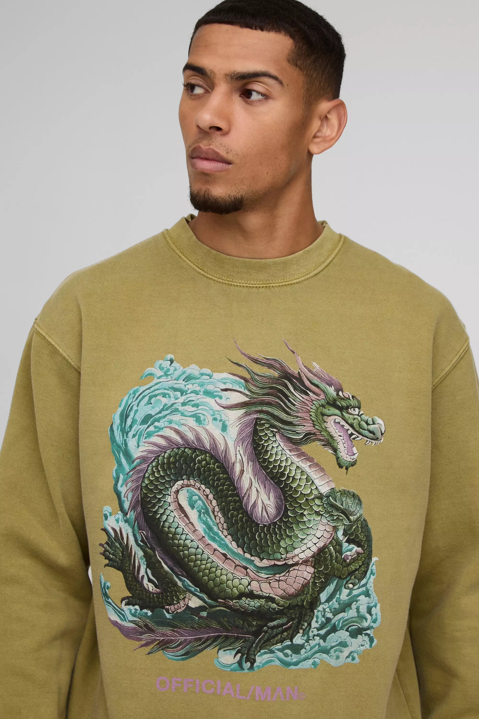 Sweat oversize délavé à imprimé dragon, Khaki autre image