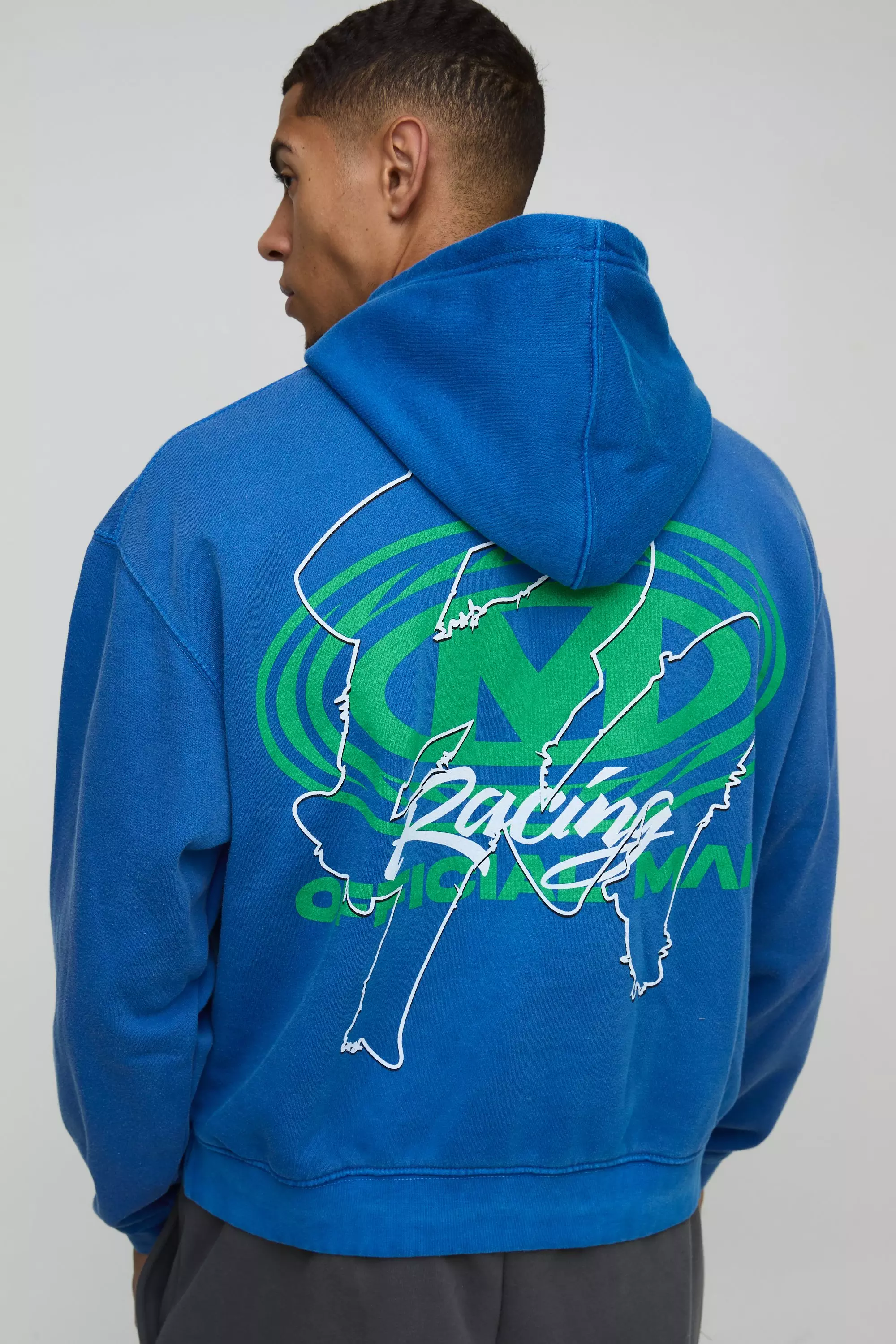 Dark blue Oversized Boxy Man Racing Graphic Washed Hoodie alternative image