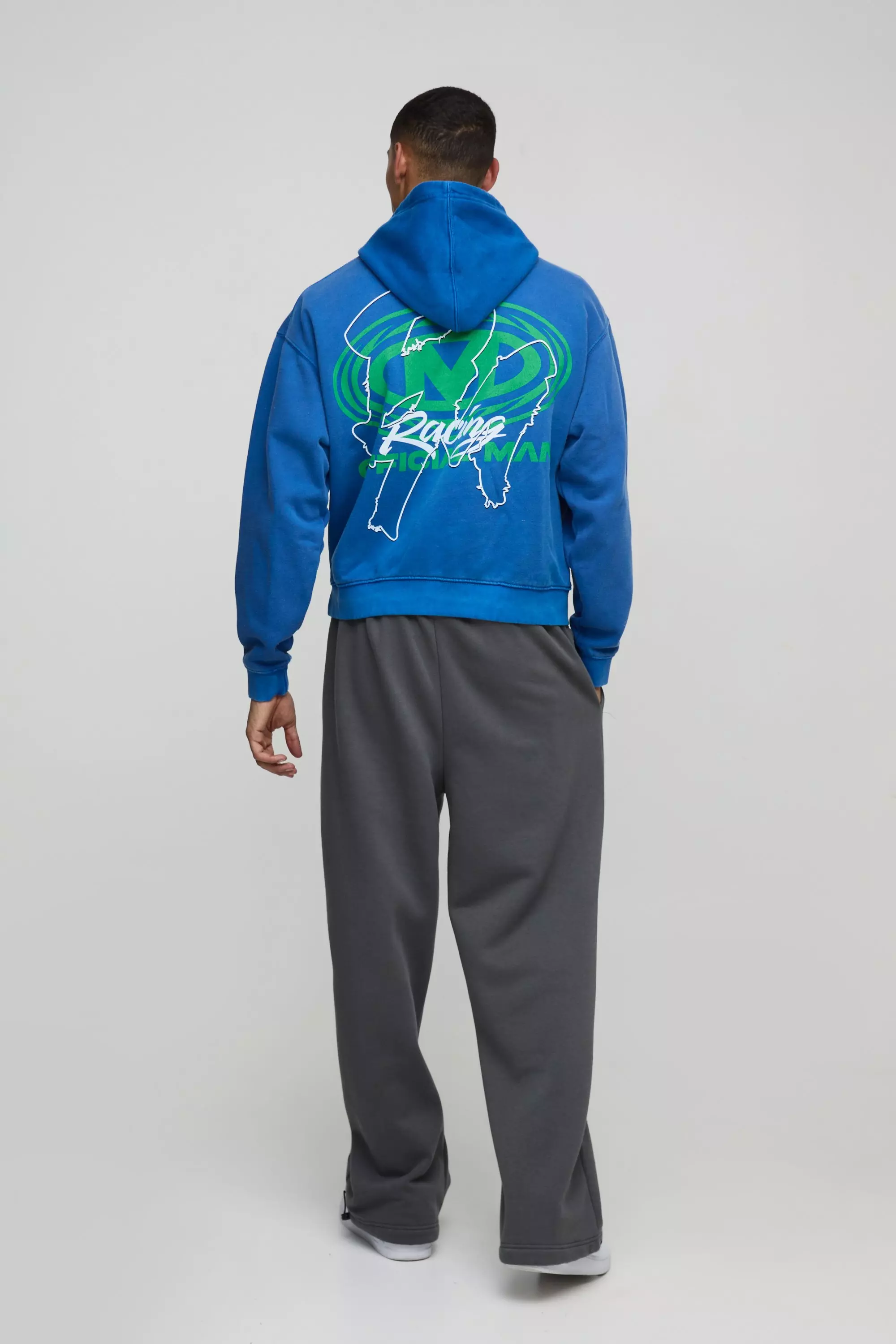 Dark blue Oversized Boxy Man Racing Graphic Washed Hoodie alternative image