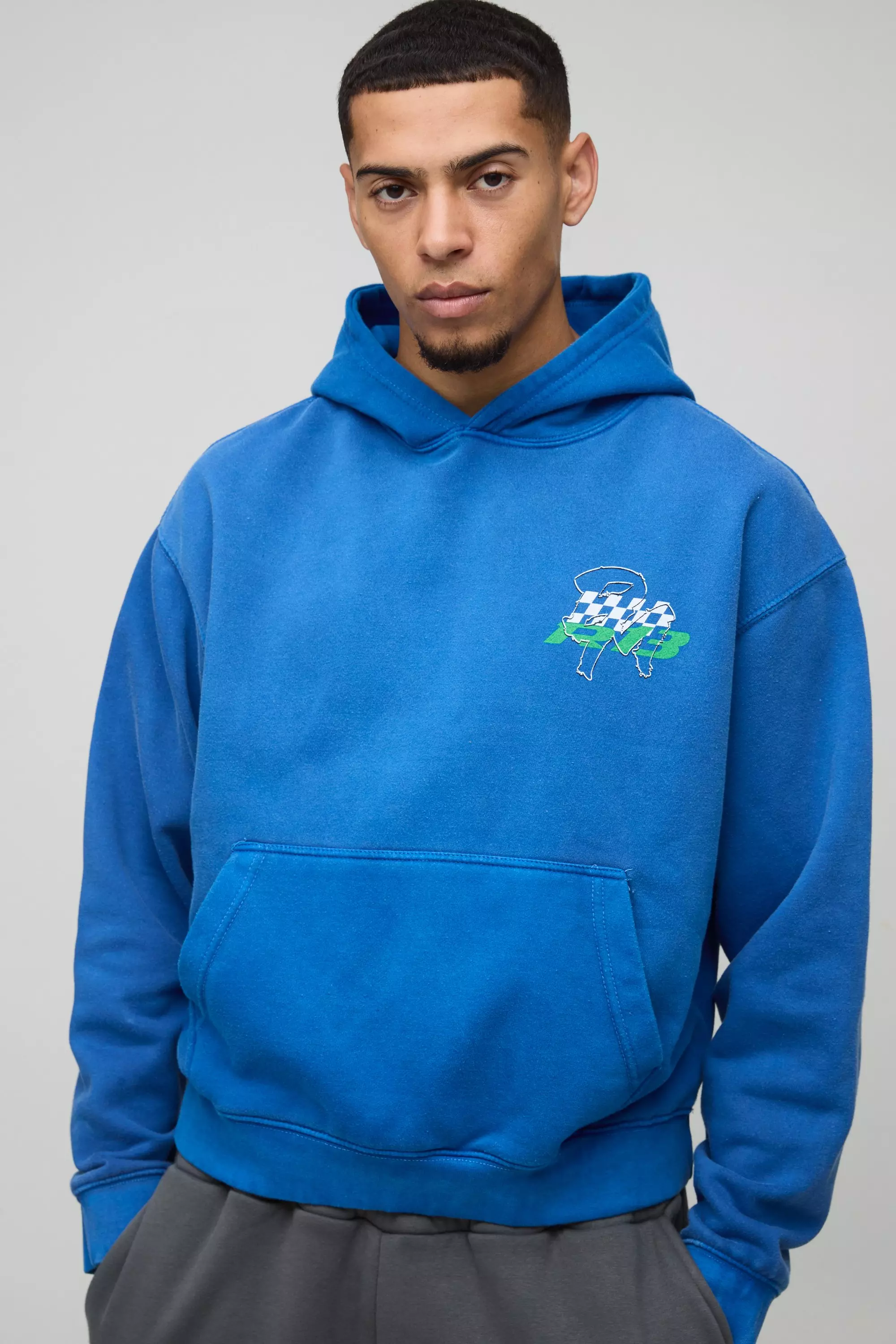 Dark blue Oversized Boxy Man Racing Graphic Washed Hoodie alternative image