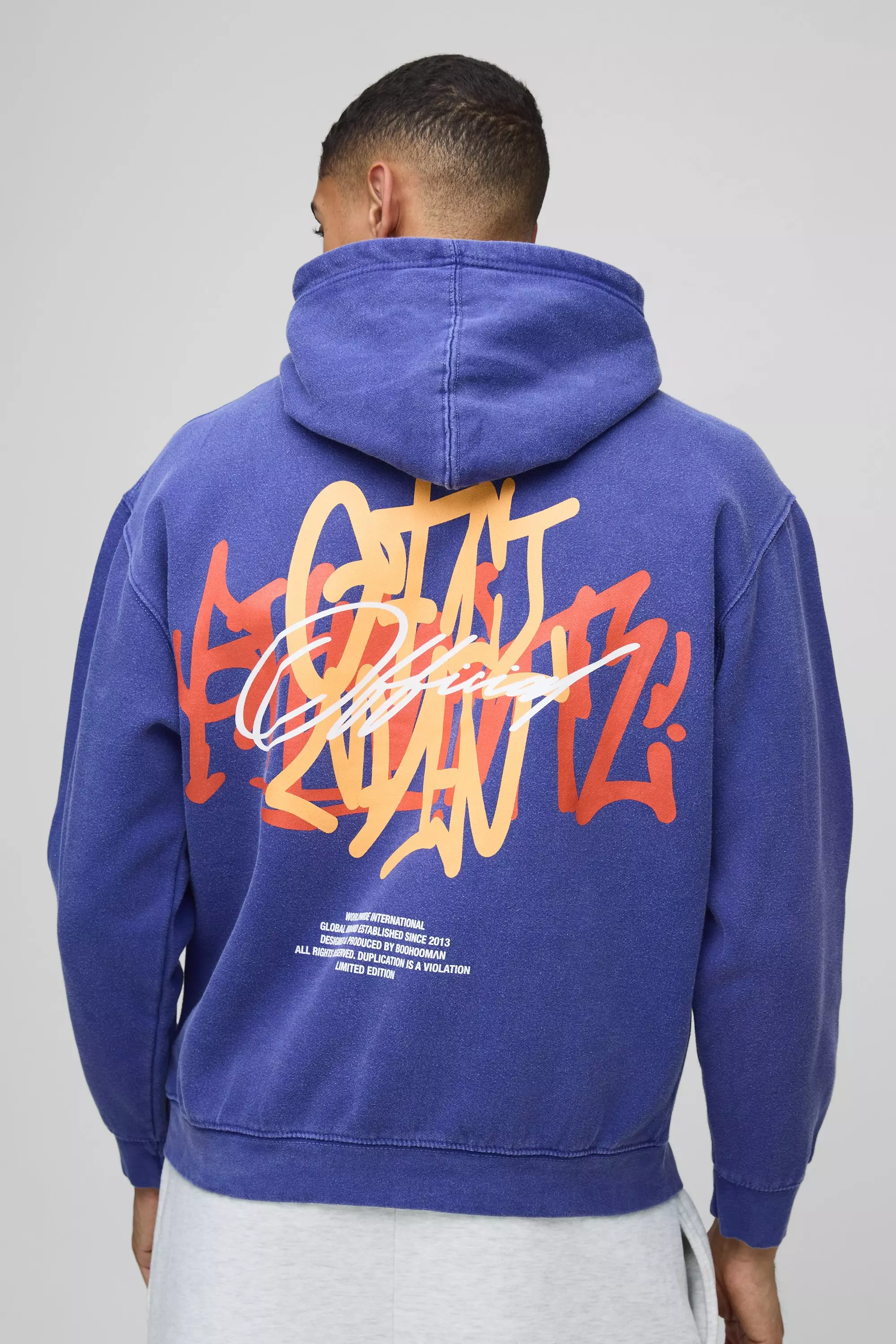 Oversized Washed Branded Graffiti Graphic Hoodie Dark blue