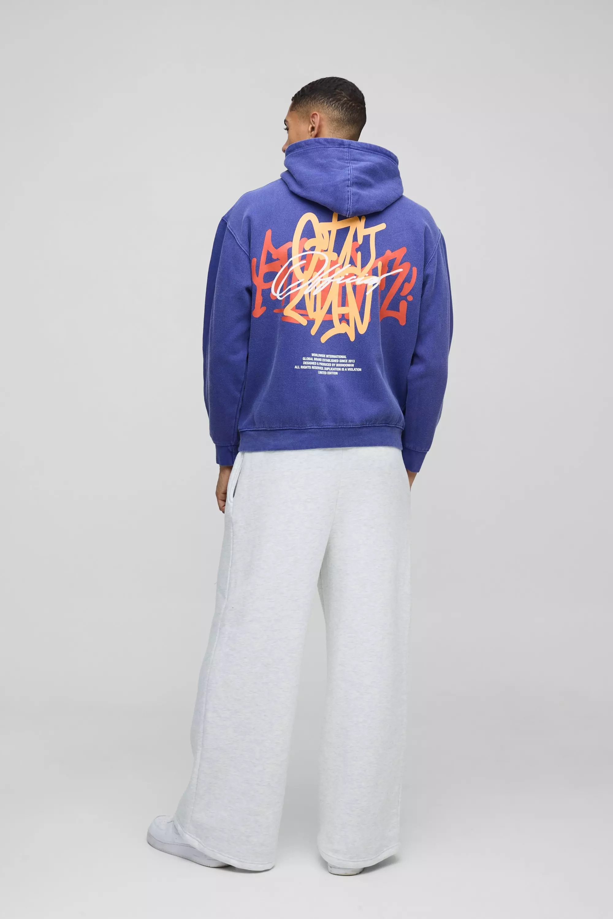 Dark blue Oversized Washed Branded Graffiti Graphic Hoodie alternative image