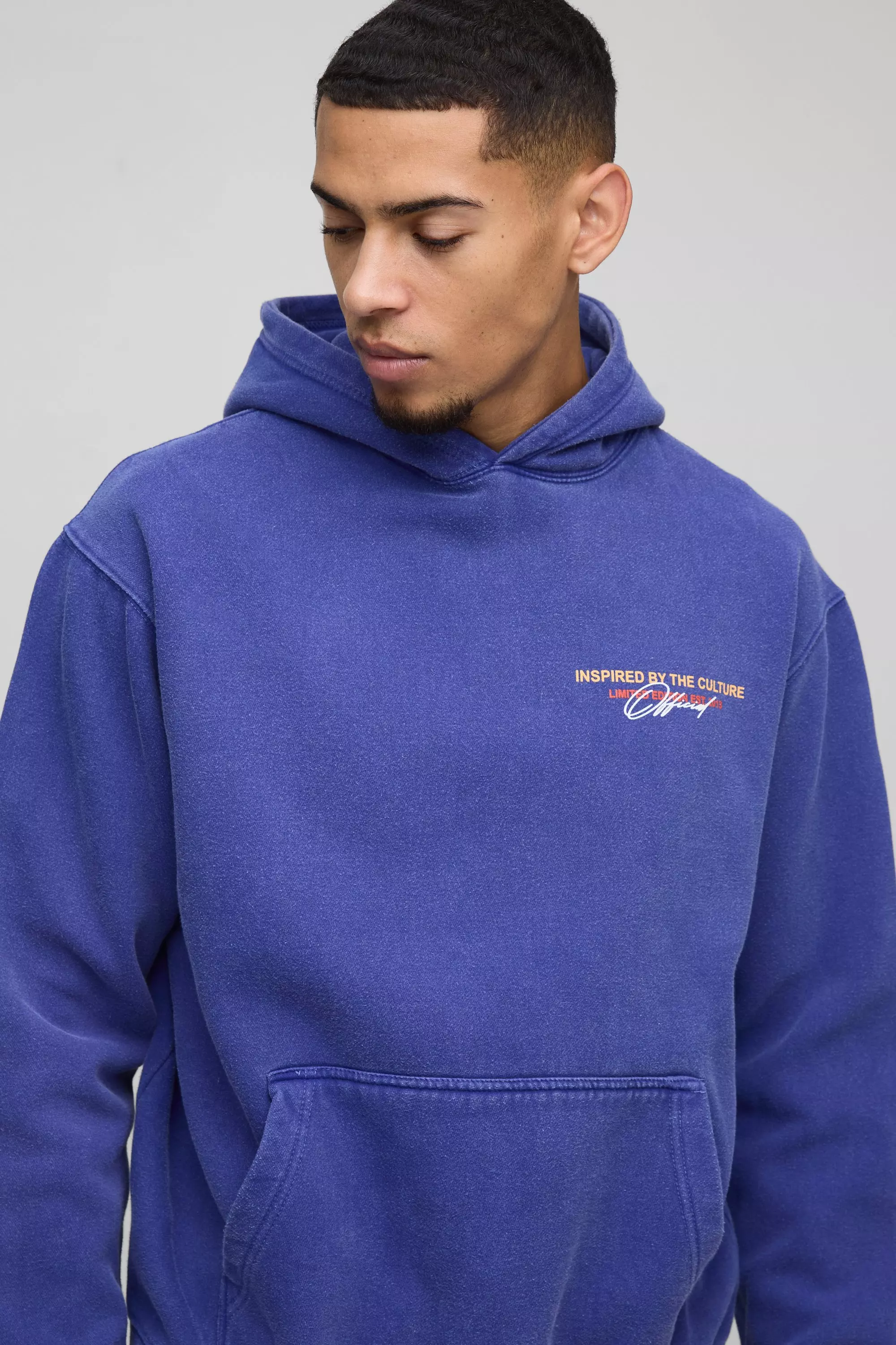 Dark blue Oversized Washed Branded Graffiti Graphic Hoodie alternative image