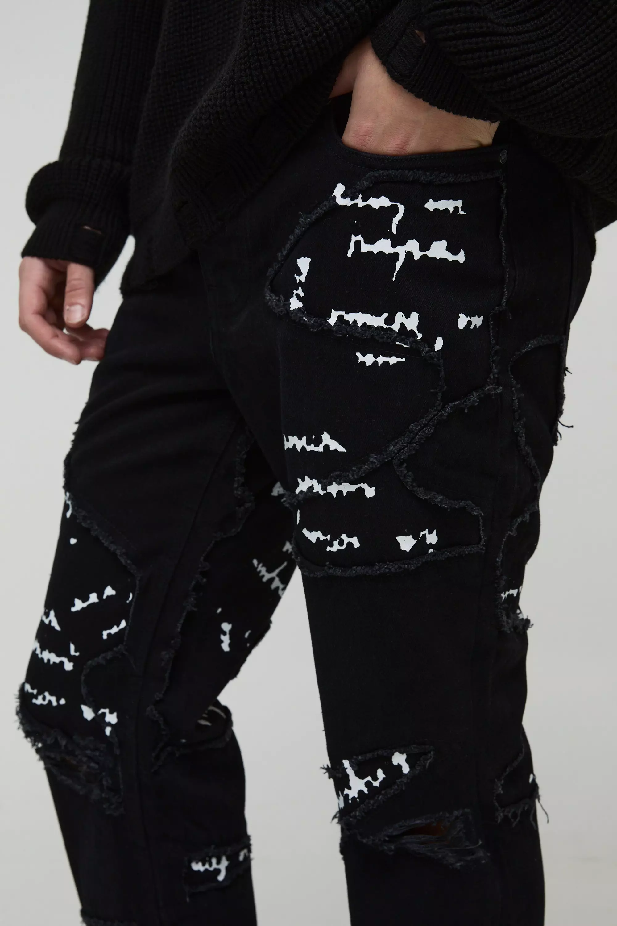 Slim Flared Printed Patchwork Jeans | boohooMAN USA
