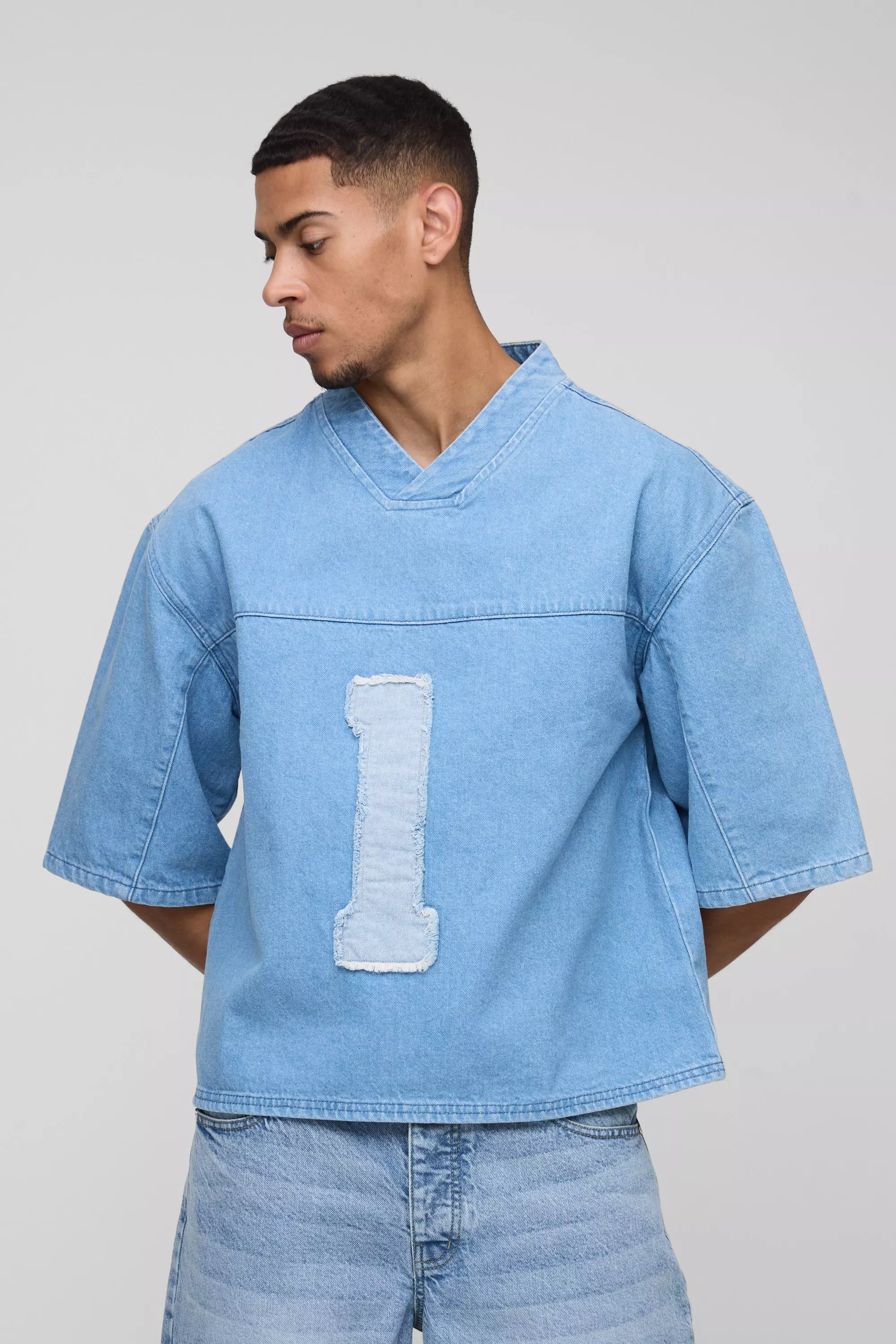 Oversized Boxy Denim V Neck Applique Football Top Light blue