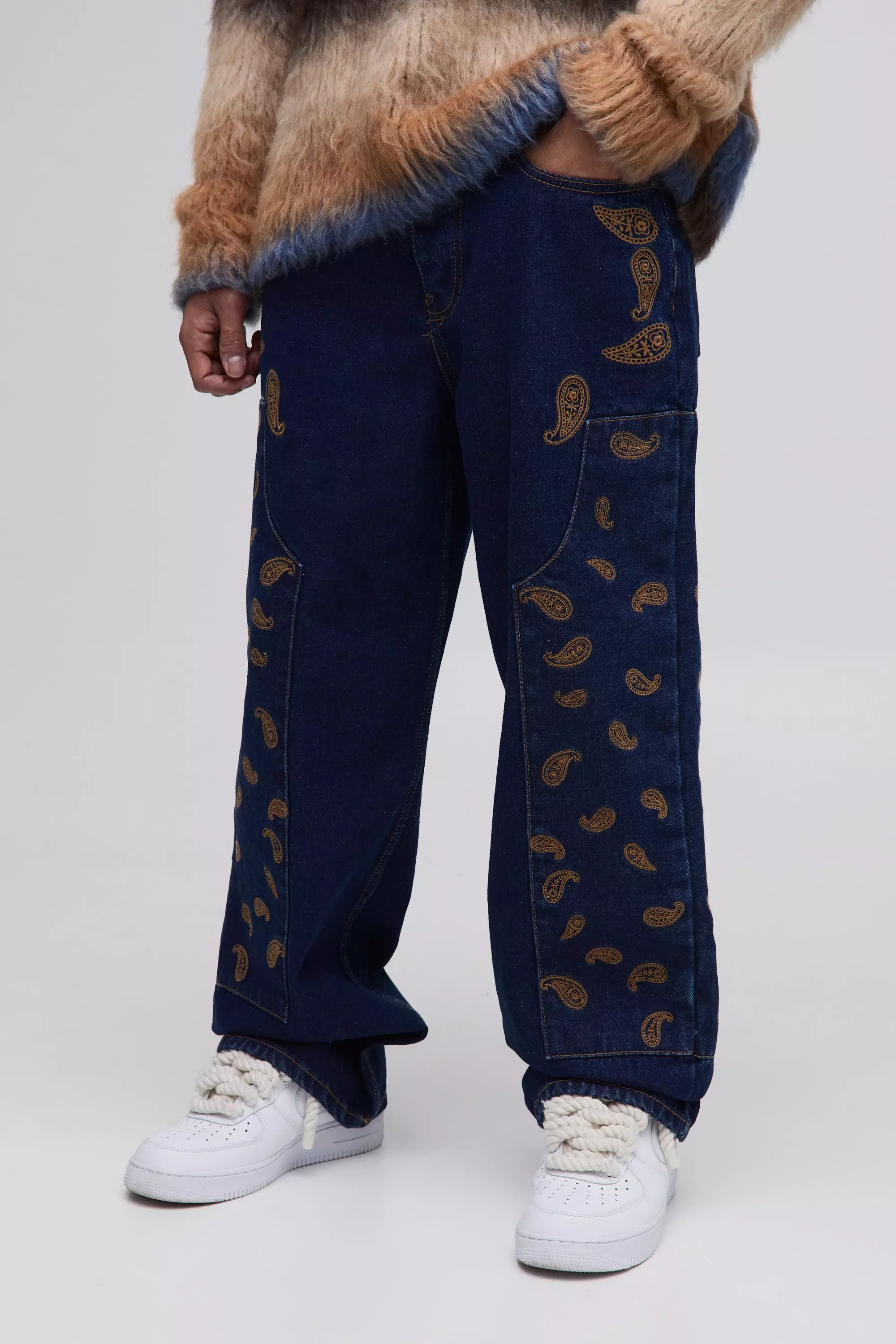Indigo Relaxed Fit Paisley Embroidered Jeans alternative image