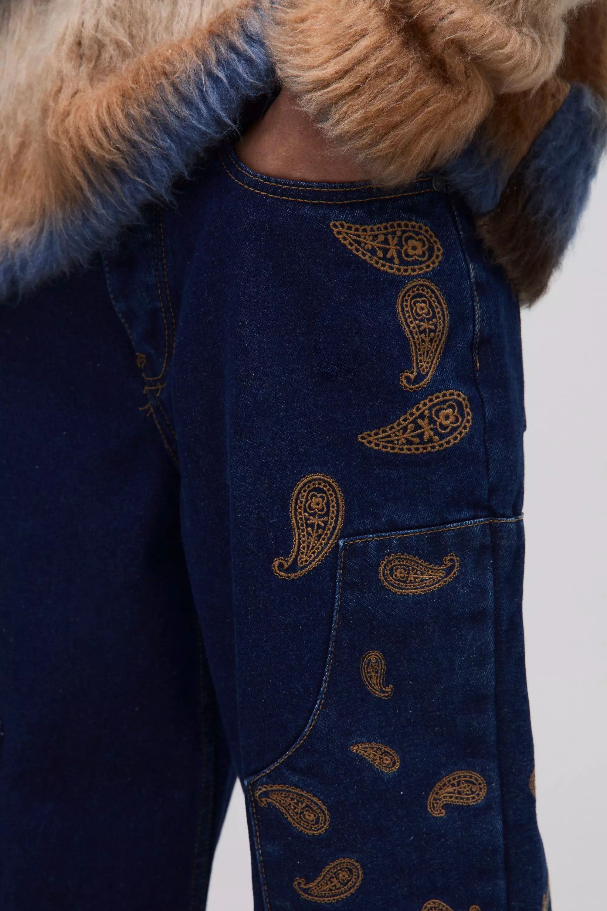 Indigo Relaxed Fit Paisley Embroidered Jeans alternative image