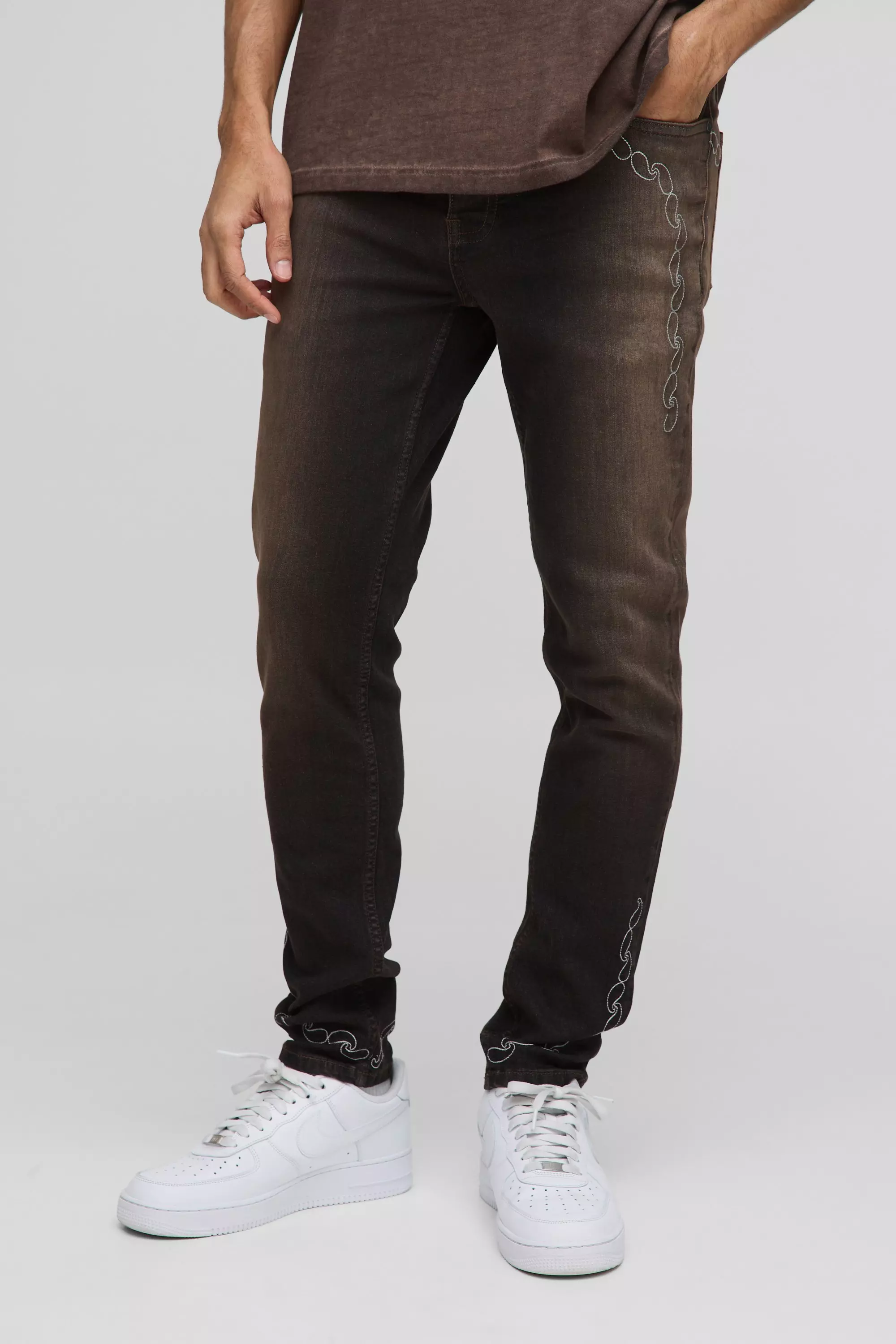 Skinny Washed Bandana Embroidered Jeans | boohooMAN USA