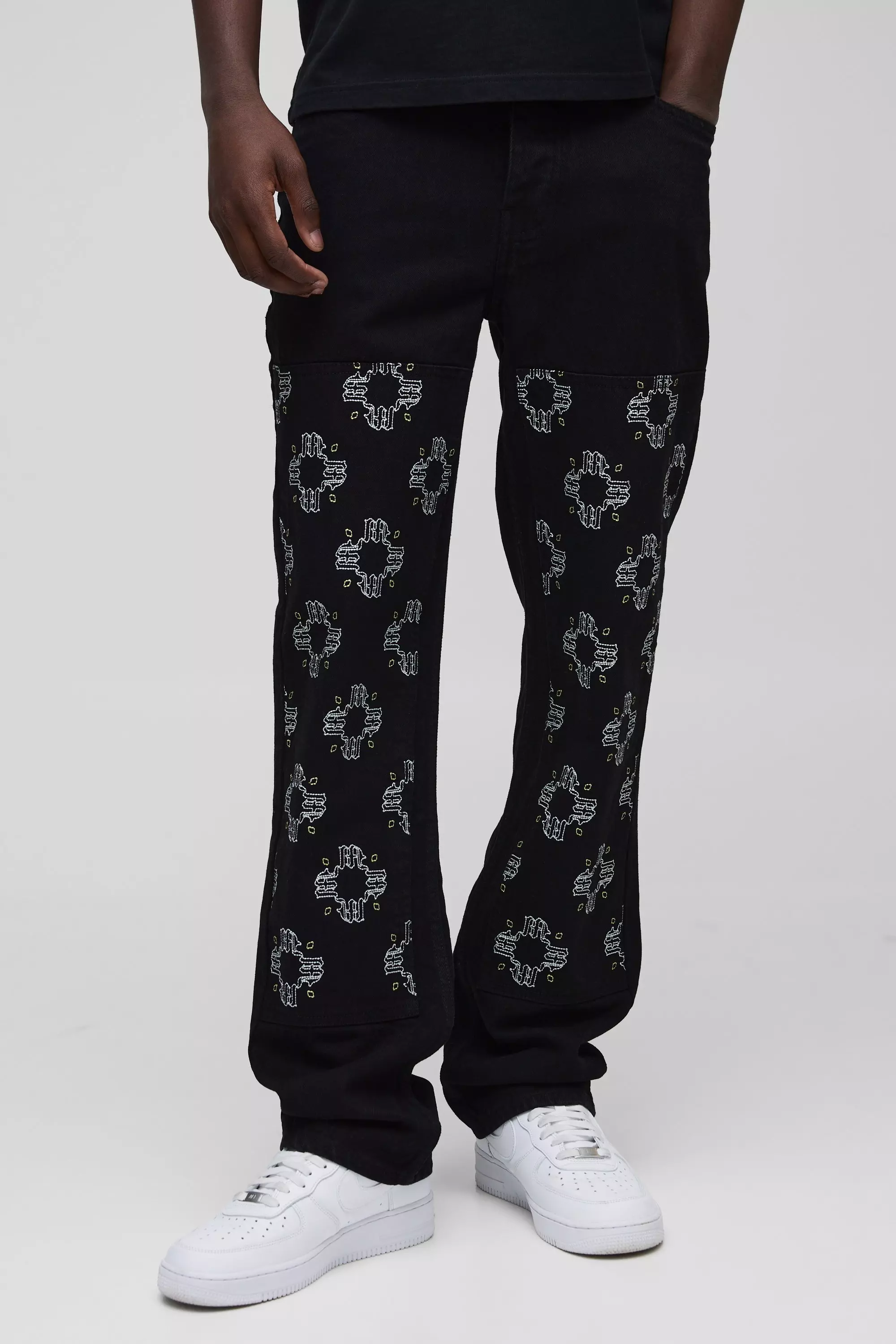 Straight Leg Floral Embroidered Carpenter Jeans Black