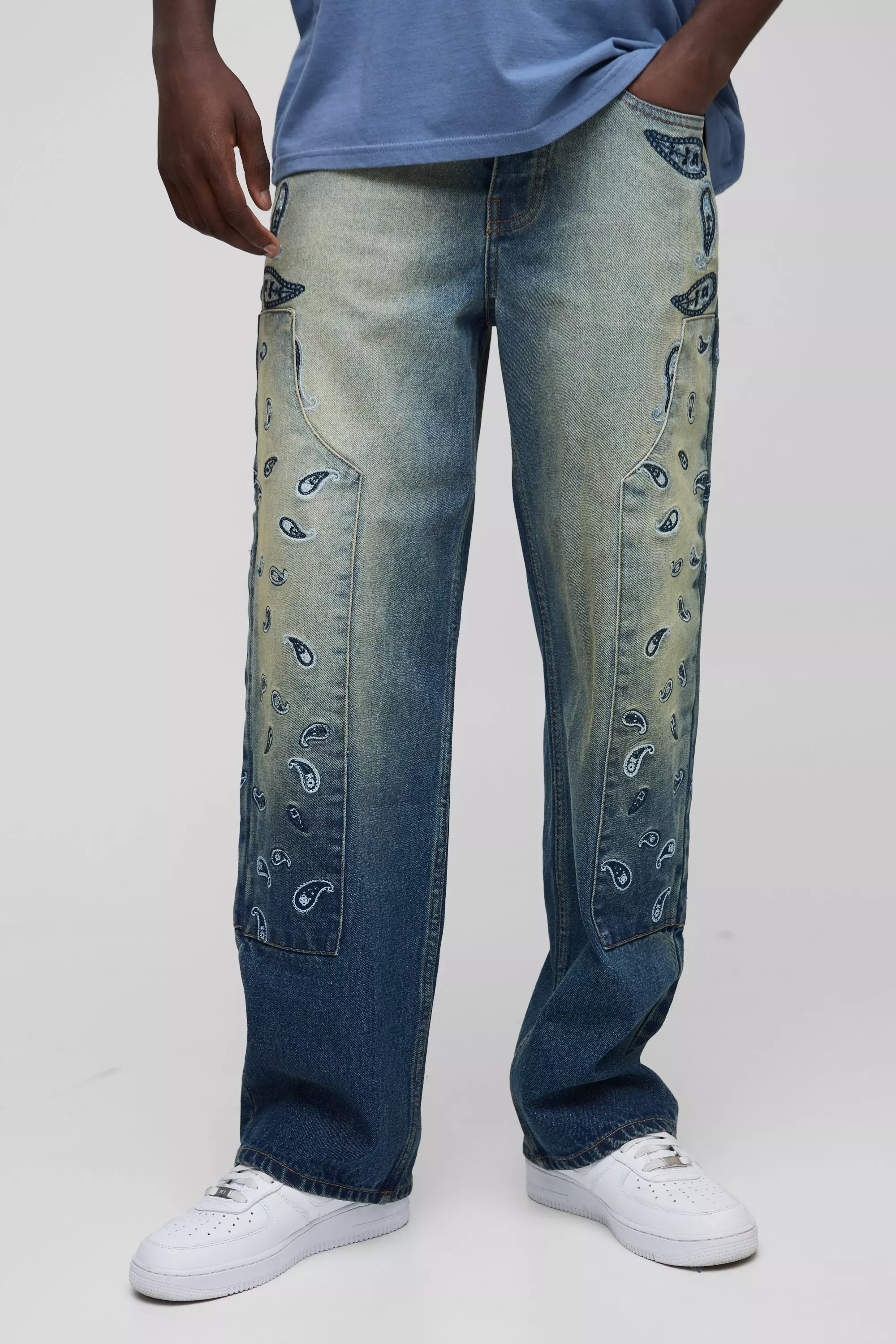 Jeans Rilassati Con Ricami In Fantasia Cachemire, Vintage blue immagine alternativa