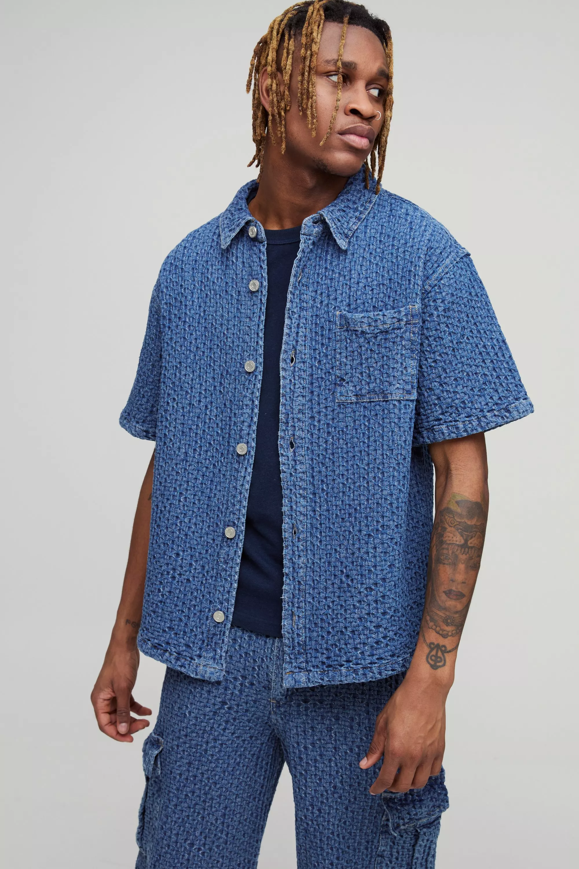 Tall - Chemise oversize en jean texturé, Mid wash autre image